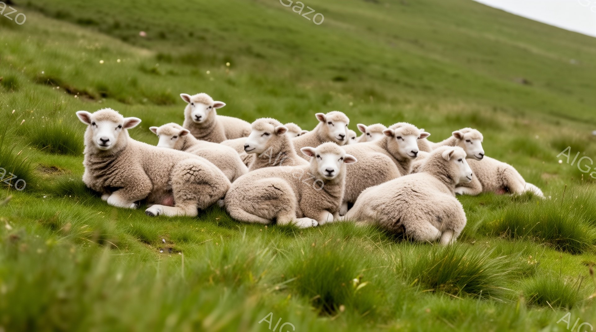 緑の丘に白い羊の群れが横たわっています。羊たちはリラックスした様子で、穏やかな雰囲気が漂っています。背景は鮮やかな緑色で、羊たちの白い毛並みとのコントラストが美しいです。 - AI生成フリー素材