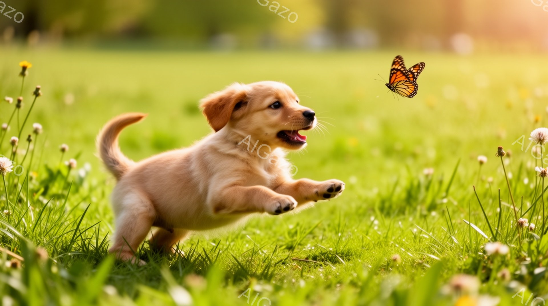 広々とした緑の草原で、子犬が蝶を追いかけて遊んでいます。子犬は口を開けて楽しそうに駆け出しており、その表情は無邪気で可愛らしいです。背景には小さな花々が咲き乱れ、暖かい日差しが降り注いでいます。