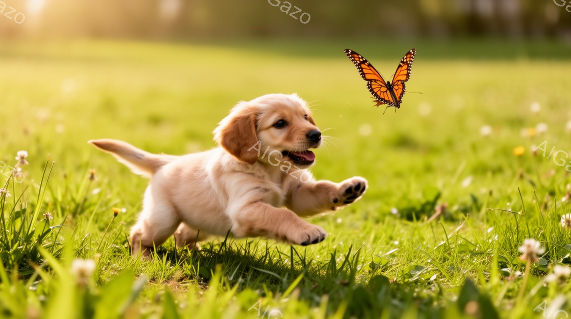 明るい緑の草原で、小さなゴールデンレトリバーの子犬が、オレンジ色の蝶を追いかけています。子犬は前足を出して楽しそうに走り、周囲には白い小さな花々が咲き乱れています。温かく、遊び心のある雰囲気が漂う、平和な一瞬です。