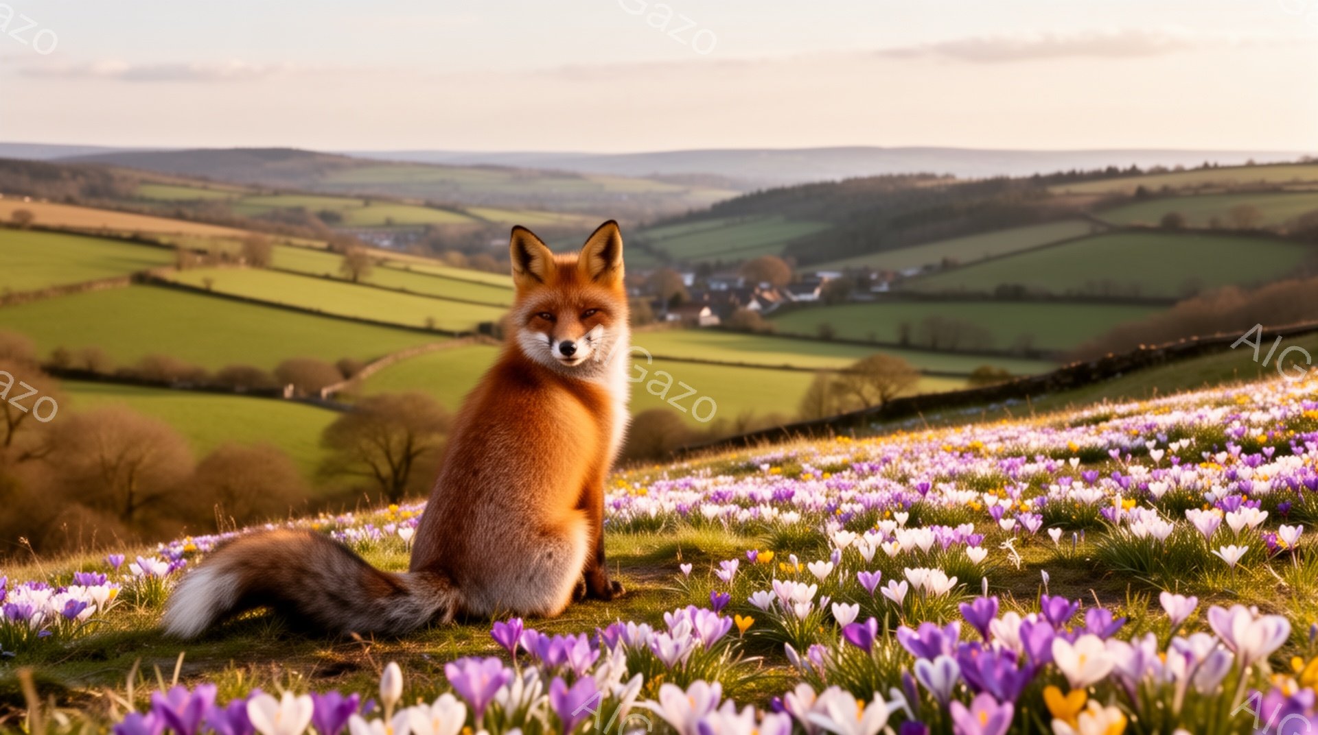 広大な紫色の花畑に、美しい毛並みのキツネが座っている。背景には緑の丘陵地帯と遠くの村が見え、穏やかで平和な雰囲気が漂っている。暖かく優しい光が、キツネと花々を照らし出している。 - AI生成フリー素材