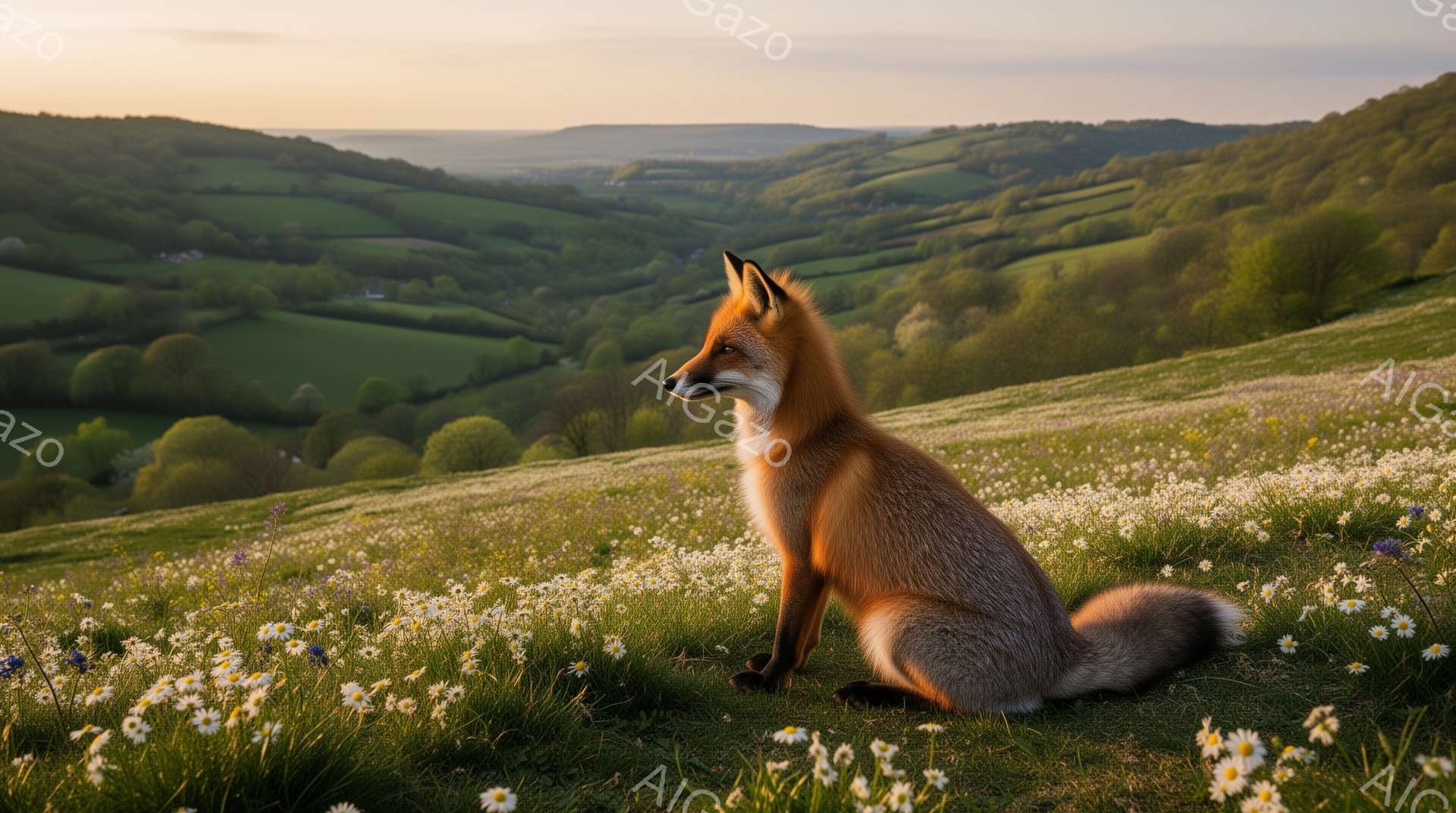 赤褐色のキツネが花盛りの草原に座って遠くを見つめている。緑豊かな丘陵地帯が背景に広がり、穏やかで平和な雰囲気が漂う。夕暮れ時の柔らかな光が、キツネと草原を照らしている。 - AI生成フリー素材