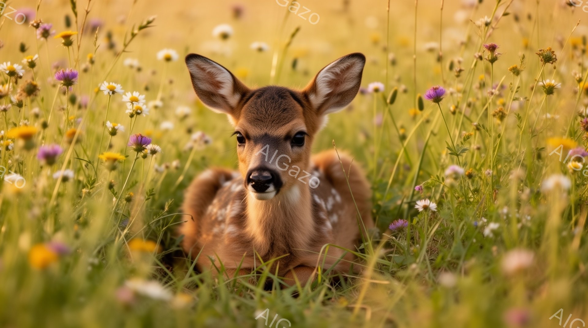 草原の中に子鹿が横たわっています。周りには色とりどりの花が咲き乱れ、柔らかい光が子鹿を照らしています。穏やかで平和な雰囲気を感じさせます。