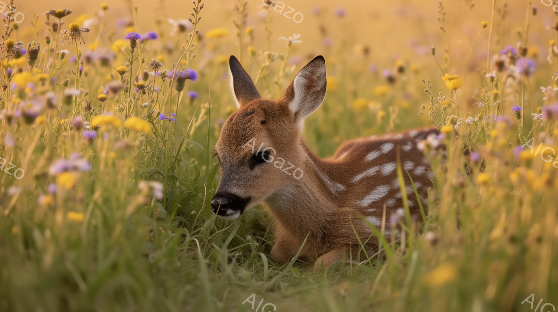 草原の中で、小さなシカの子供が花の中に隠れている。光が暖かく、柔らかい雰囲気で、シカの子供は静かに草を食べているように見える。鮮やかな花々と、シカの愛らしい姿が、平和な風景を作り出している。 - AI生成フリー素材