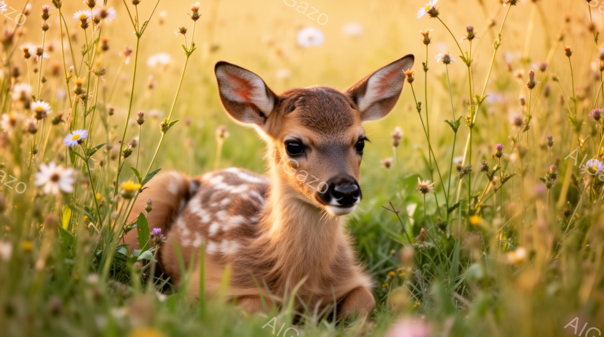 柔らかい草むらの中に子鹿が横たわっています。周囲には黄色や白の小さな花々が咲き乱れ、穏やかな雰囲気を醸し出しています。子鹿は好奇心に満ちた表情でこちらを見つめており、暖かな光がその姿を優しく包み込んで - AI生成フリー素材