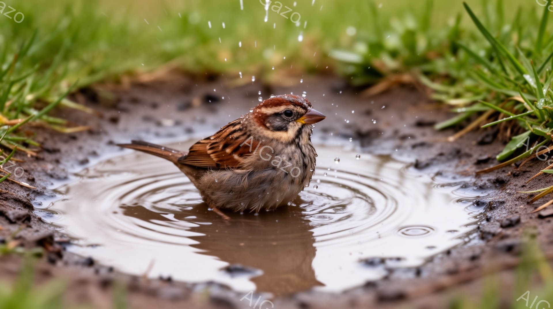 小さなスズメが水溜まりの中にいます。水滴がスズメの周りに飛び散り、濡れた羽が水面に反射しています。土と緑の草が背景にあり、雨上がりの自然な雰囲気が伝わってきます。 - AI生成フリー素材