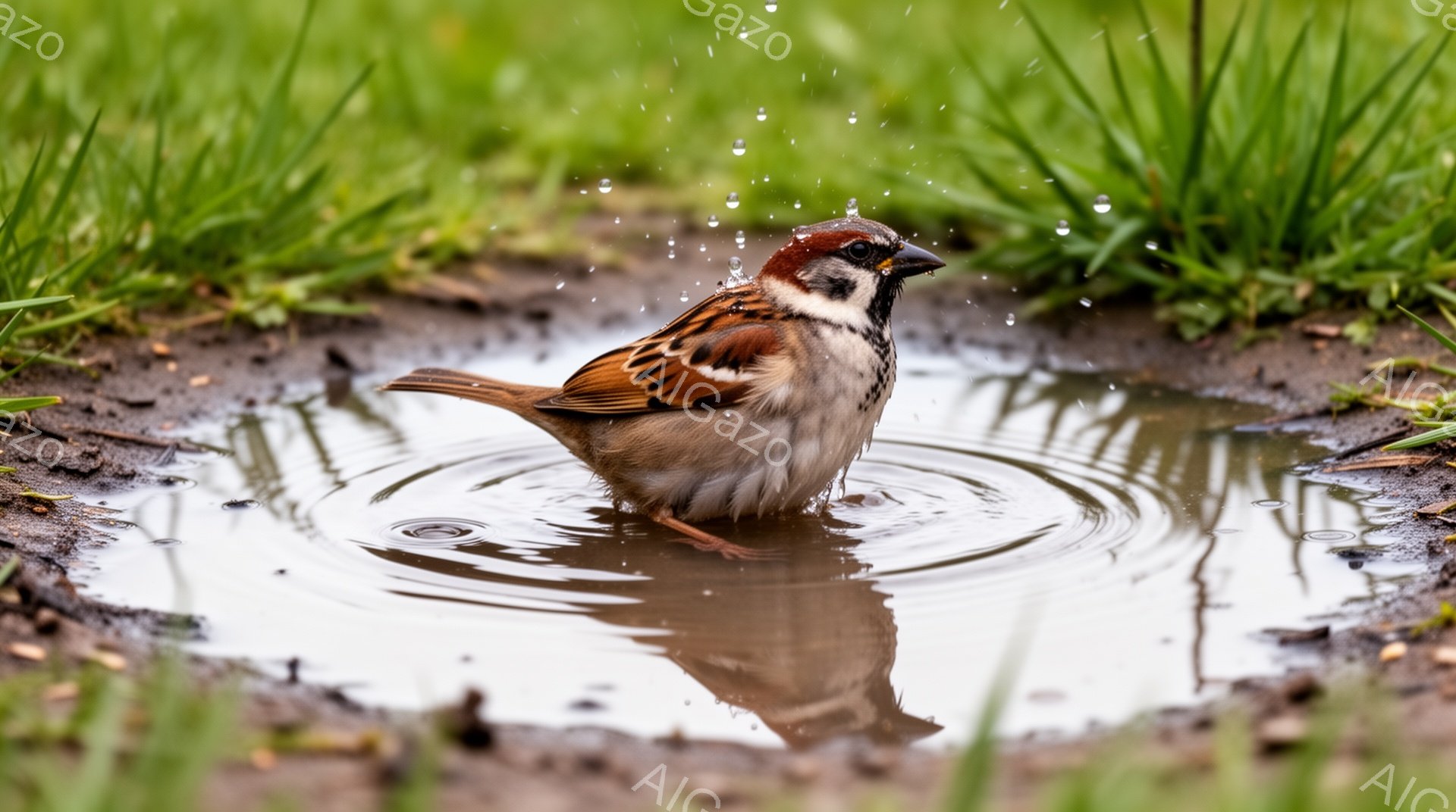 泥水の中にスズメが一羽入っている様子が写っています。水しぶきが上がっており、スズメは濡れて少し丸くなっています。周囲には緑の草が生えており、春の暖かさを感じさせる光景です。 - AI生成フリー素材