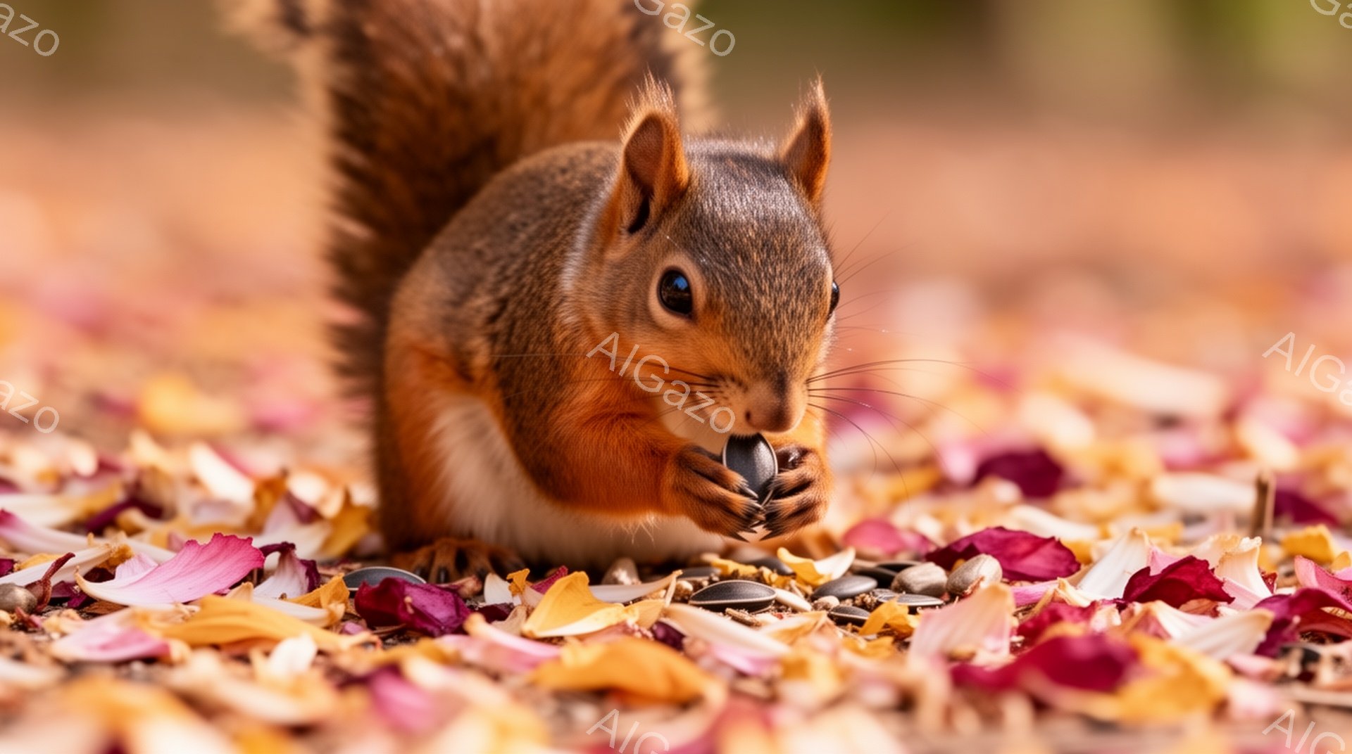 リスが落ち葉と種子の間に埋もれ、何かを食べている。その姿は可愛らしく、背景の柔らかい光と落ち葉の色合いが暖かく、秋の雰囲気を感じさせる。リスの毛並みや表情がはっきりと写っており、自然な様子が伝わってくる。