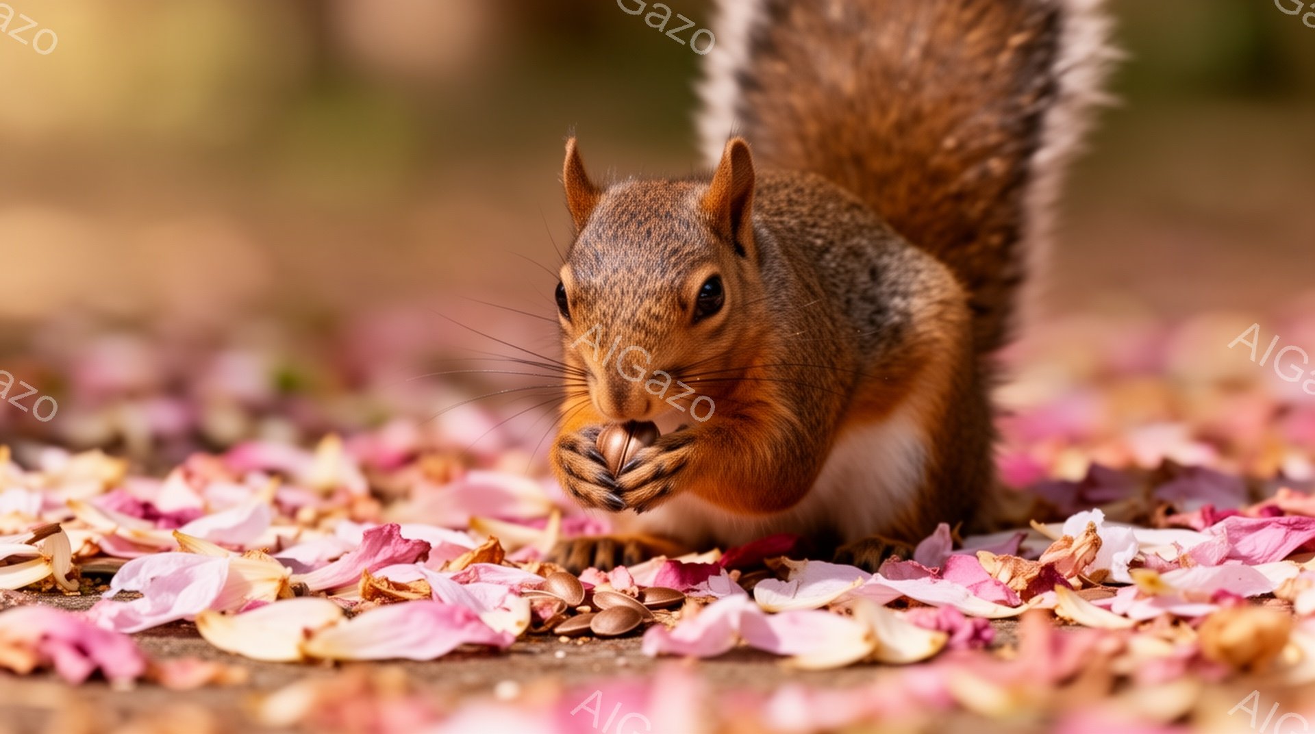 リスがピンク色の花びらの上に座り、何かを食べています。背景は少しぼやけており、春の穏やかな雰囲気が感じられます。光が柔らかく、リスの毛並みがはっきりと見えます。