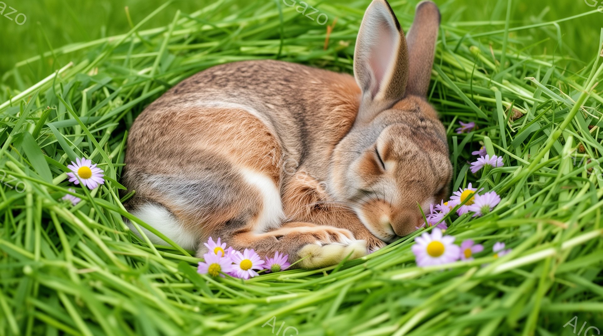 緑の草の上に、茶色のウサギが丸まって眠っています。周りには小さな紫色の花が散らばっており、穏やかな雰囲気が感じられます。ウサギの毛並みは柔らかく、安らかな表情で休んでいます。 - AI生成フリー素材