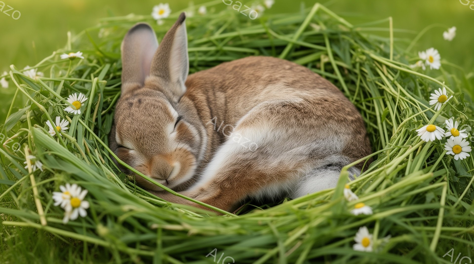 緑の草の中にうさぎが丸まって眠っています。周囲には小さな白い花が咲いており、穏やかで平和な雰囲気が漂っています。柔らかな光がうさぎを照らし、安らかな眠りを示唆しています。 - AI生成フリー素材