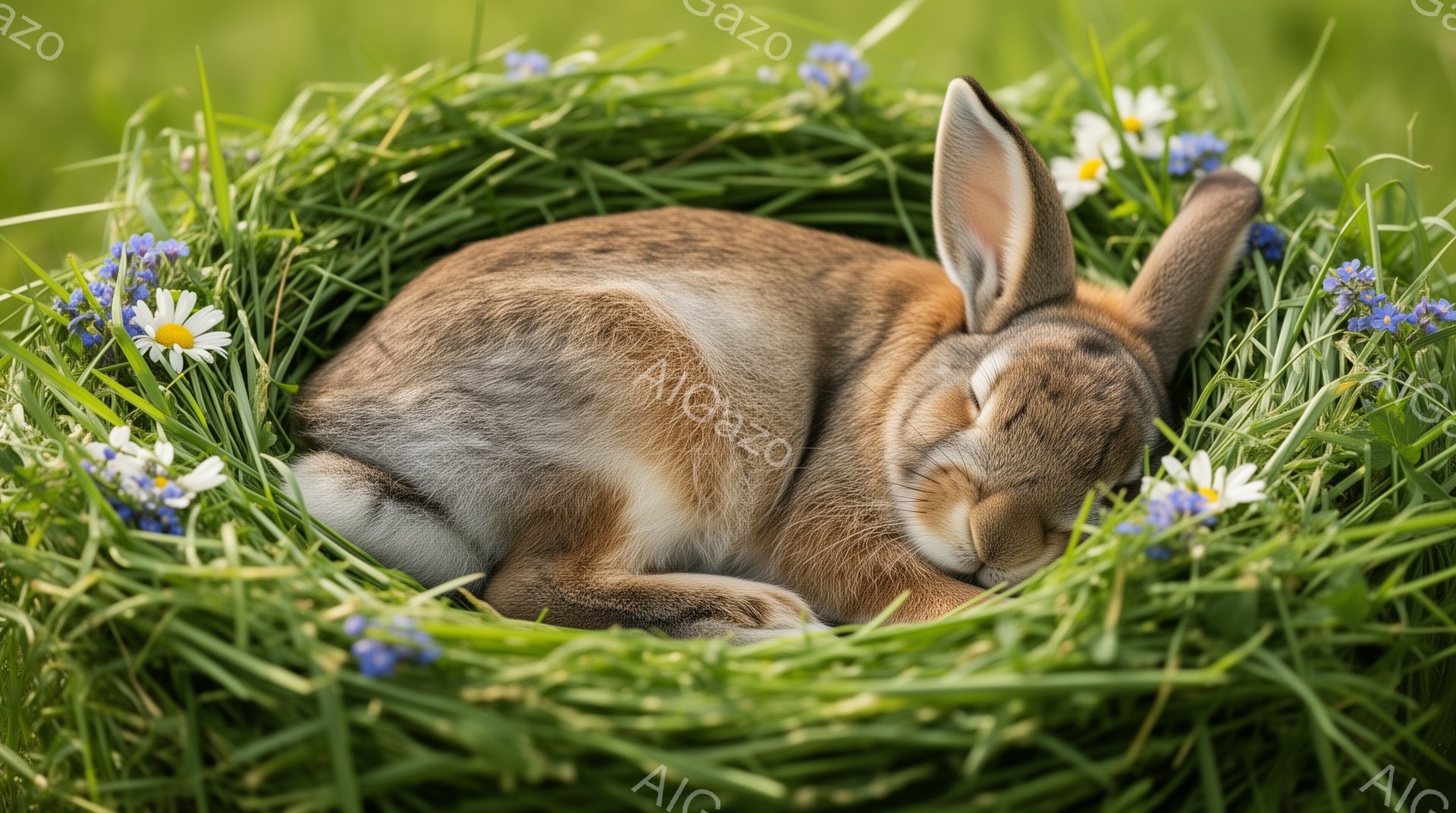緑の草の中にうさぎが丸まって眠っています。周りには小さな青い花が咲き、穏やかで平和な雰囲気が漂っています。うさぎの毛並みは柔らかく、春の暖かい日差しを感じさせます。 - AI生成フリー素材