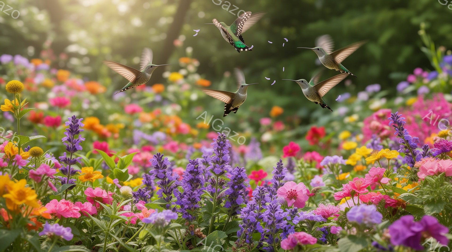 色とりどりの花々が咲き乱れる花壇を、数羽のハチドリが活発に飛び回っている。光が差し込み、明るく華やかな雰囲気が感じられる。自然の美しさを捉えた、魅力的な風景写真だ。 - AI生成フリー素材