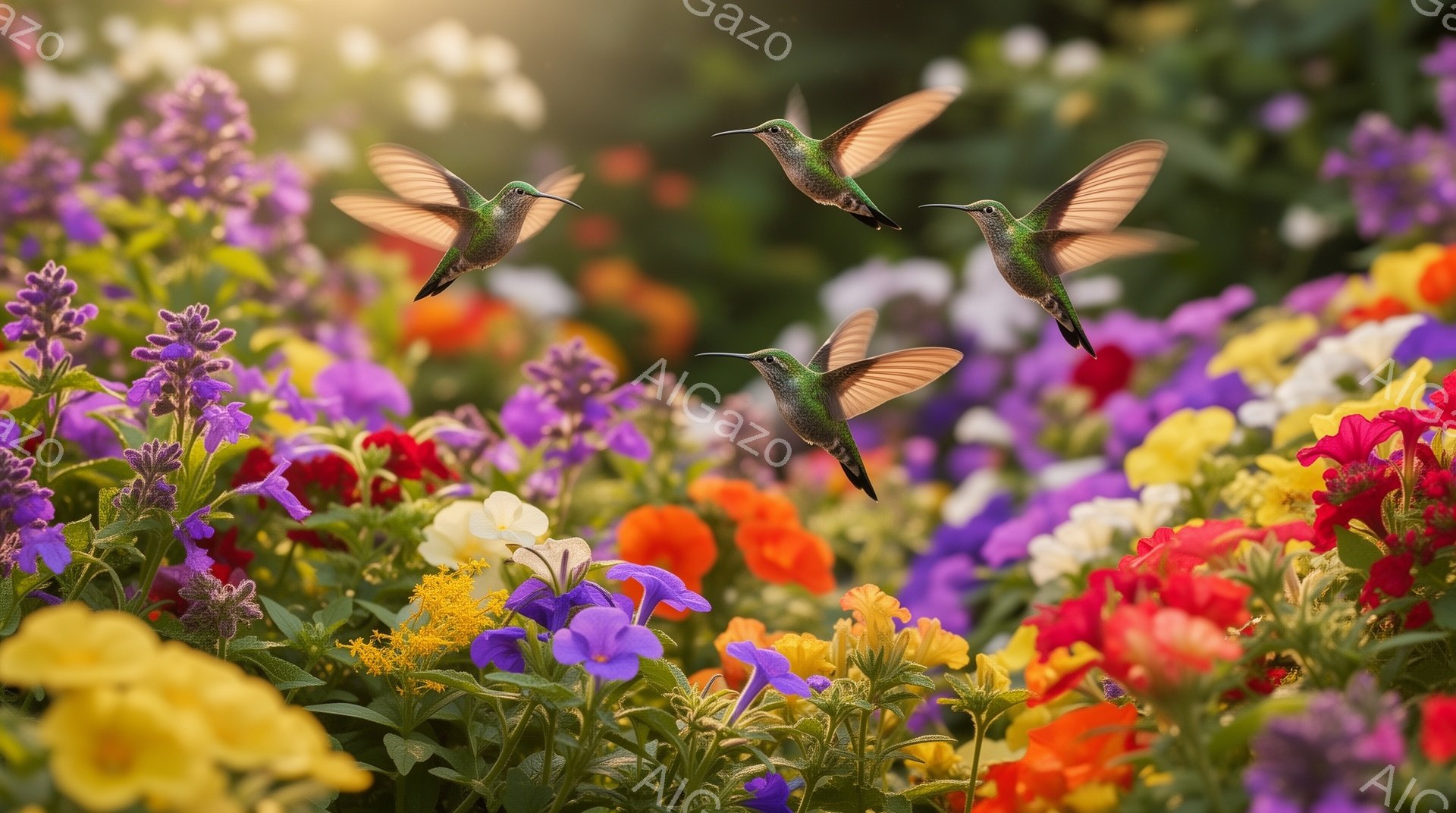 色とりどりの花々が咲き乱れる庭で、二羽のハチドリが蜜を求めて飛び回っている。鮮やかな色彩とぼやけた背景が、夢幻的な雰囲気を醸し出している。ハチドリの羽は光を浴びて虹色に輝き、生命力にあふれている。 - AI生成フリー素材
