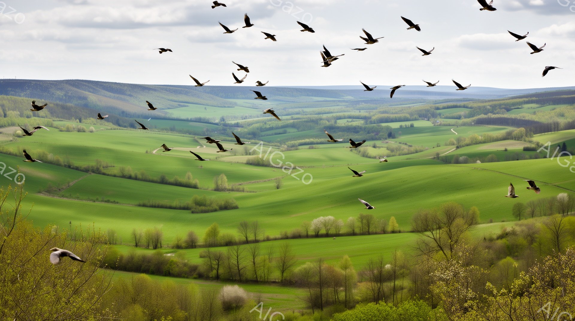 広大な緑の丘陵地帯が広がり、空には鳥たちが群れをなして飛んでいる。日差しが柔らかく、穏やかな春の風景が目に浮かぶ。遠くには薄い霞がかかり、奥行きのある美しい景色を作り出している。 - AI生成フリー素材