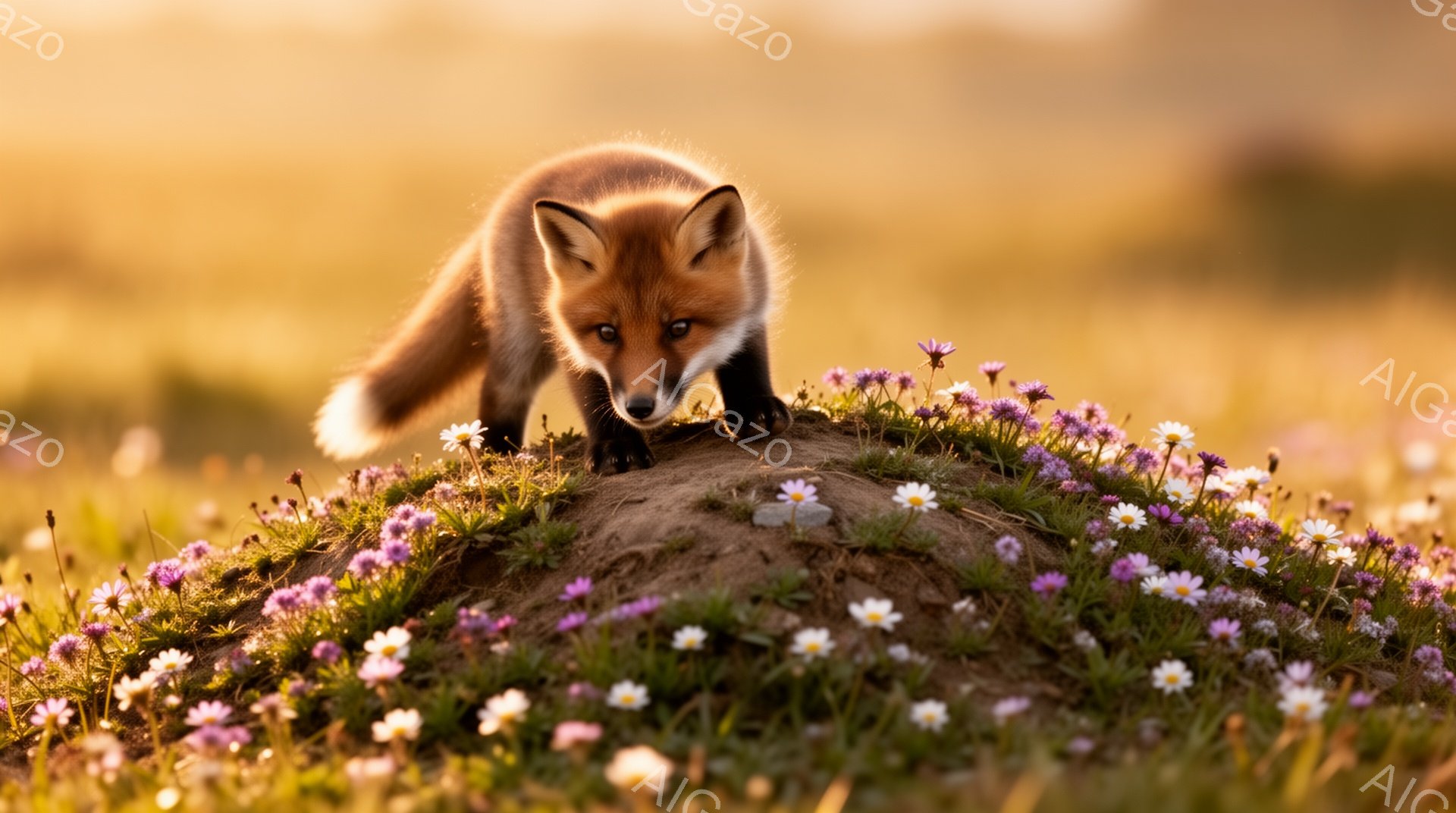 明るい日差しの中で、丘の上に座る子ギツネが描かれています。ピンクや白の花が咲き乱れる緑の丘の上で、好奇心いっぱいの表情でこちらを見ています。背景は柔らかい光に包まれ、穏やかで平和な雰囲気が漂っています - AI生成フリー素材