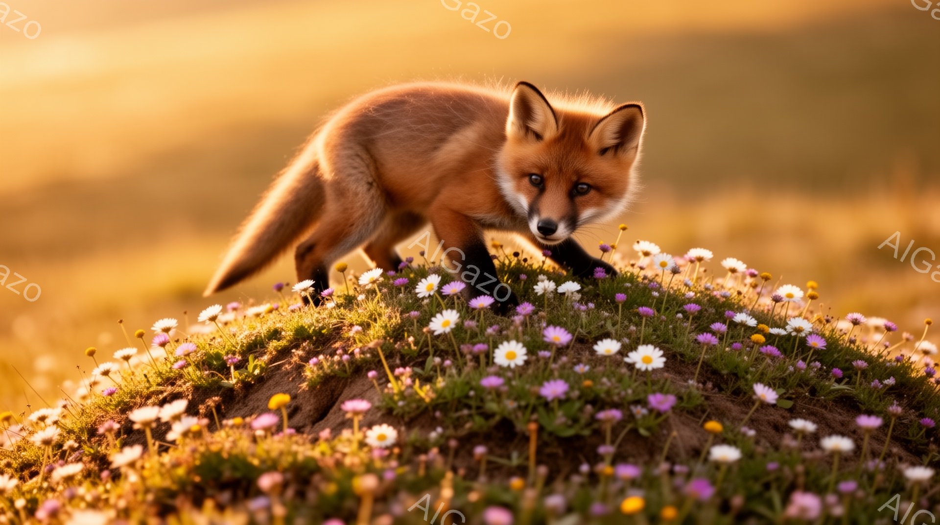 夕暮れ時の野原で、キツネの幼獣が花々の咲く丘の上にそっと立ち、こちらを見つめている。柔らかい光が毛並みを照らし、穏やかで幻想的な雰囲気を醸し出している。花は白と紫の色合いで、野原全体を彩っている。 - AI生成フリー素材