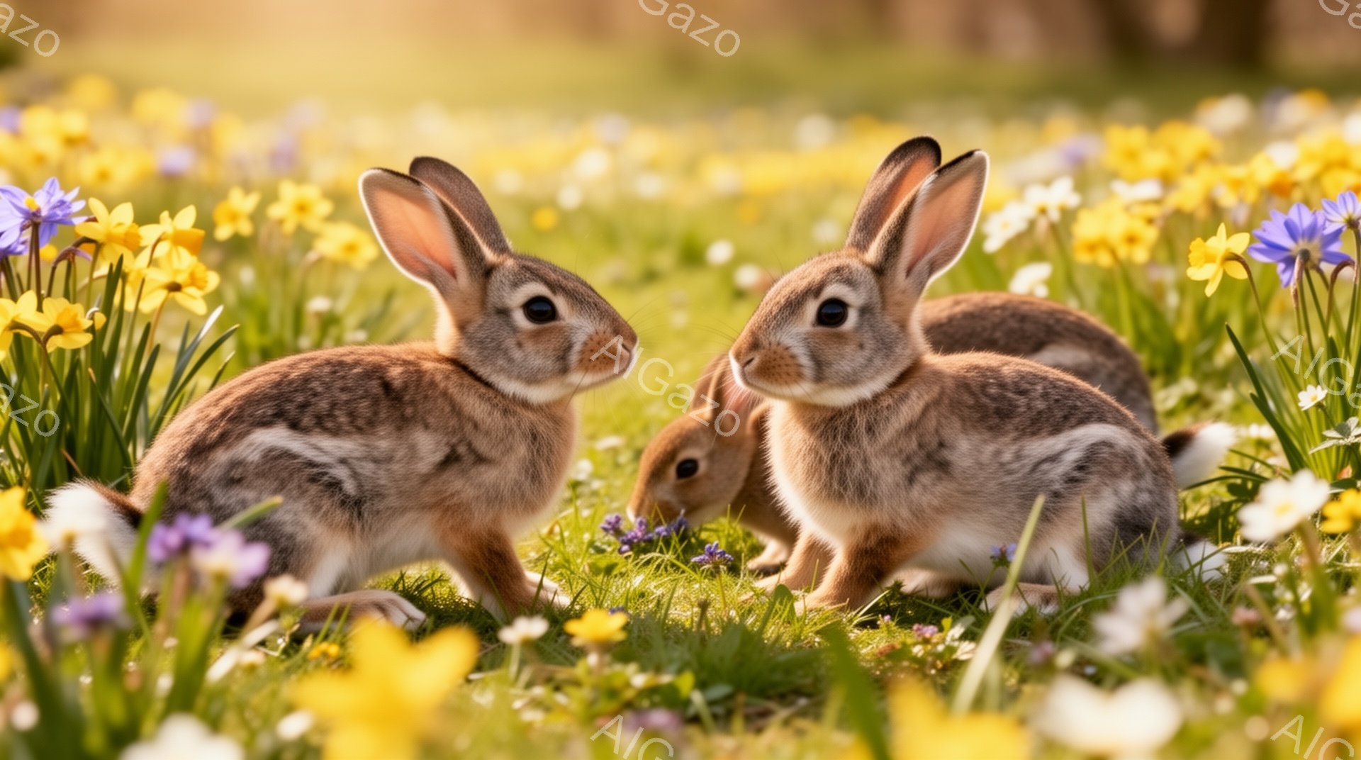 春の野原で、可愛らしい子ウサギたちが集まっています。黄色や紫の花々が咲き乱れる中、ウサギたちは好奇心いっぱいの表情で互いを見つめ合い、穏やかな雰囲気を醸し出しています。暖かな日差しが降り注ぎ、春の訪れ - AI生成フリー素材