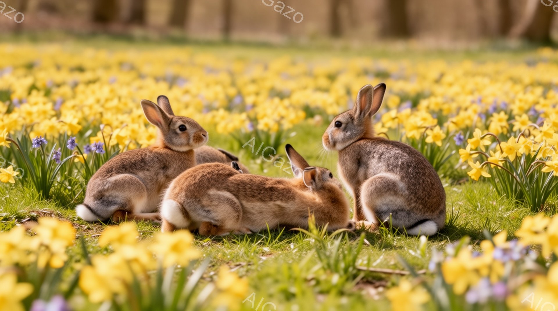 黄色のスイセンが咲き乱れる草原に、数匹の野ウサギが寄り添って座っている。ウサギたちは警戒しながらもリラックスした様子で、春の穏やかな日差しを浴びている。背景には緑の草とぼやけた木々が広がり、温かく平和 - AI生成フリー素材