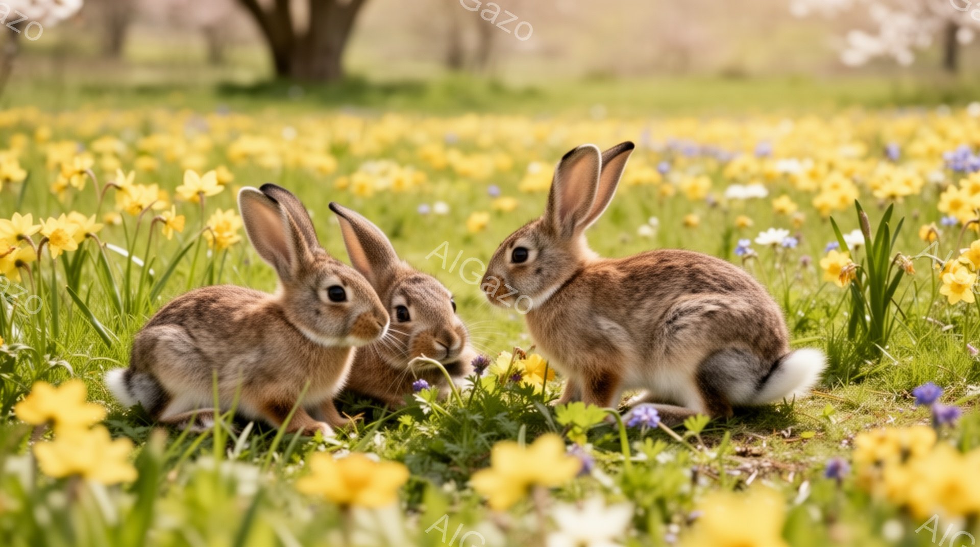 鮮やかな黄色の花々が咲き乱れる草原で、２匹のウサギが向き合って何かを話し合っているようです。春の陽気に満ちた空気を感じさせる、穏やかで可愛らしい光景です。背後にはぼんやりと木々が見え、自然豊かな環境が広がっています。