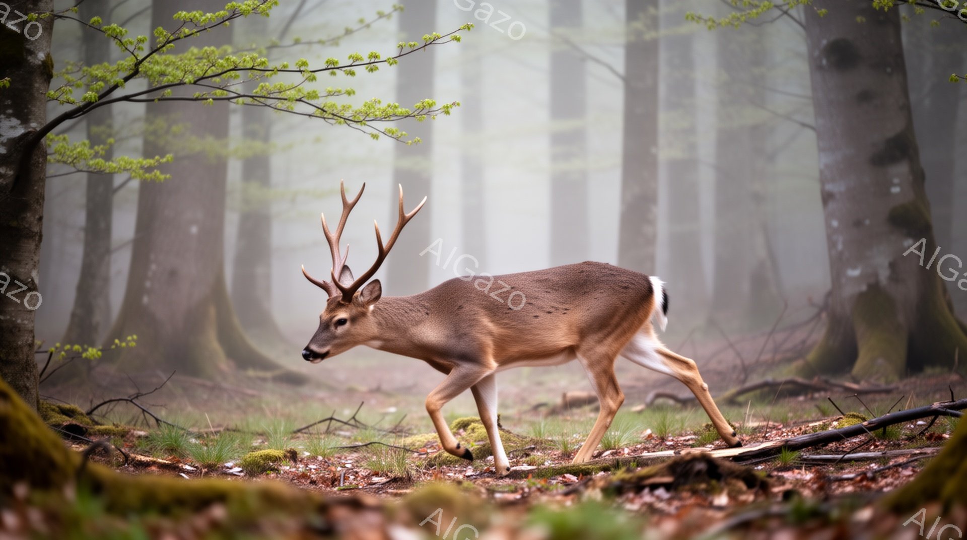霧深い森の中で、雄鹿が歩いている。緑の芽吹き始めた木々の間を、優雅に、警戒しながら進んでいる。朝霧が立ち込め、幻想的な雰囲気を醸し出している。