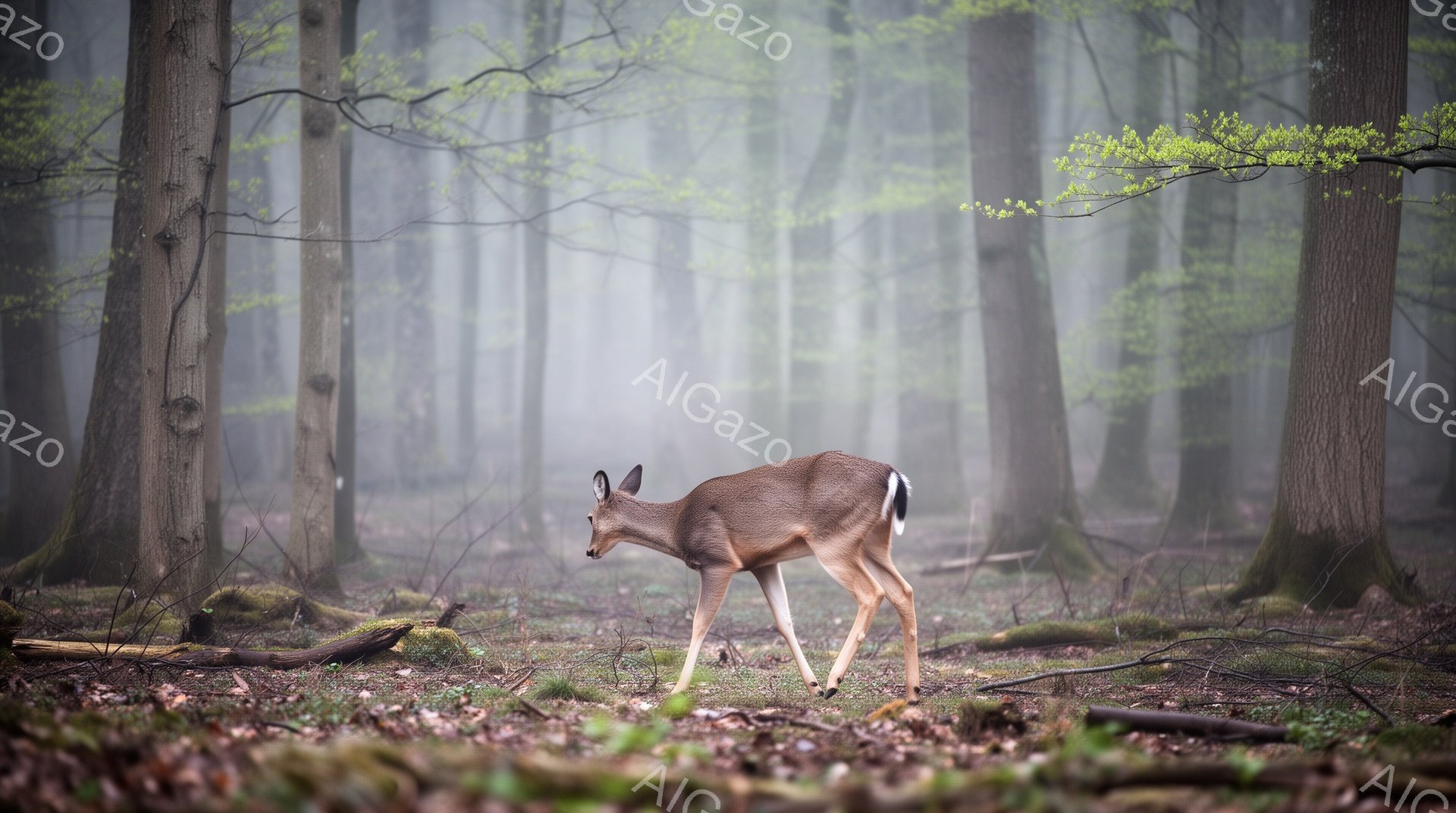 霧深い森の中で、一頭の若いシカが歩いている。木々の間から差し込む光がシカのシルエットを際立たせ、神秘的な雰囲気を醸し出している。落ち葉が敷き詰められた地面と、緑が芽吹くばかりの背景が春の訪れを感じさせる。