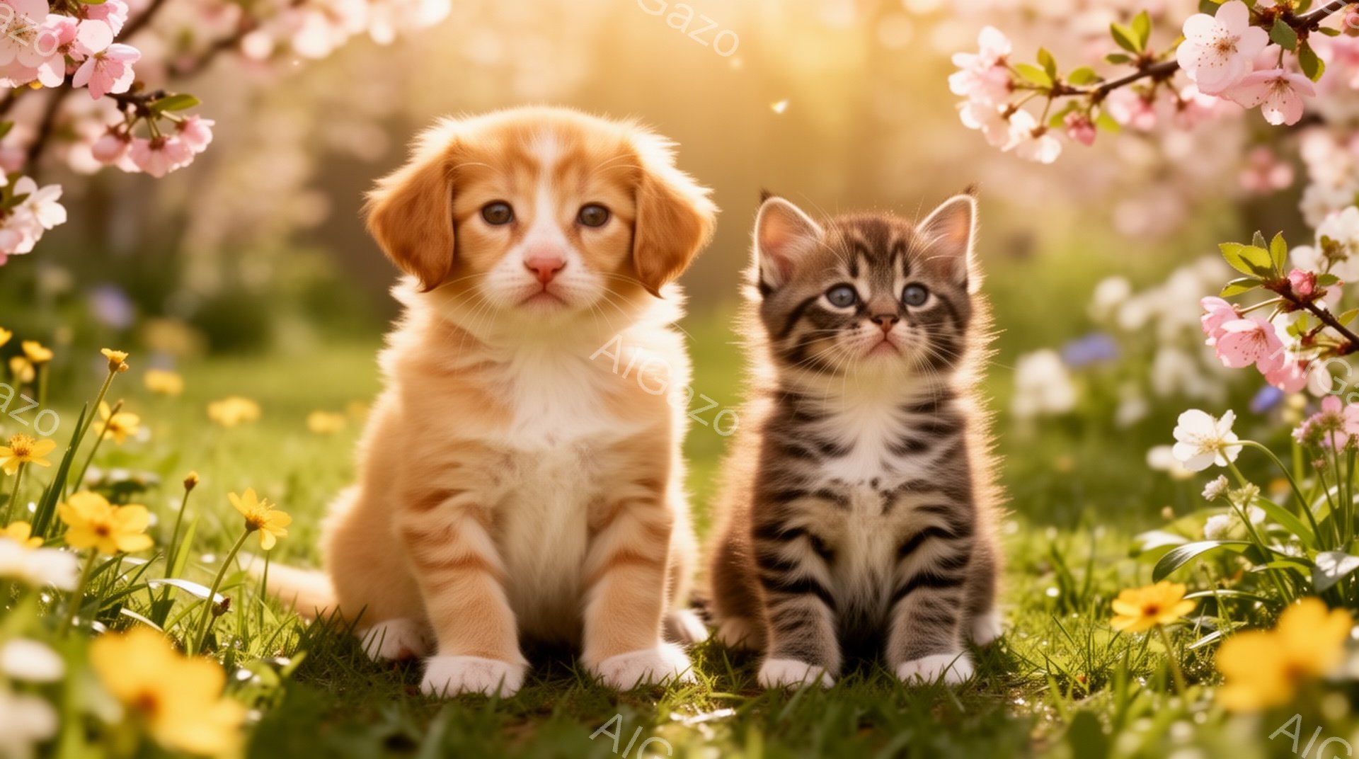 柔らかい日差しの中で、子犬と子猫が緑の草むらに座っています。ピンク色の桜の花びらが背景に散りばめられており、春の暖かく穏やかな雰囲気を醸し出しています。可愛らしい二匹は、まるで春の訪れを告げる使者のよ - AI生成フリー素材