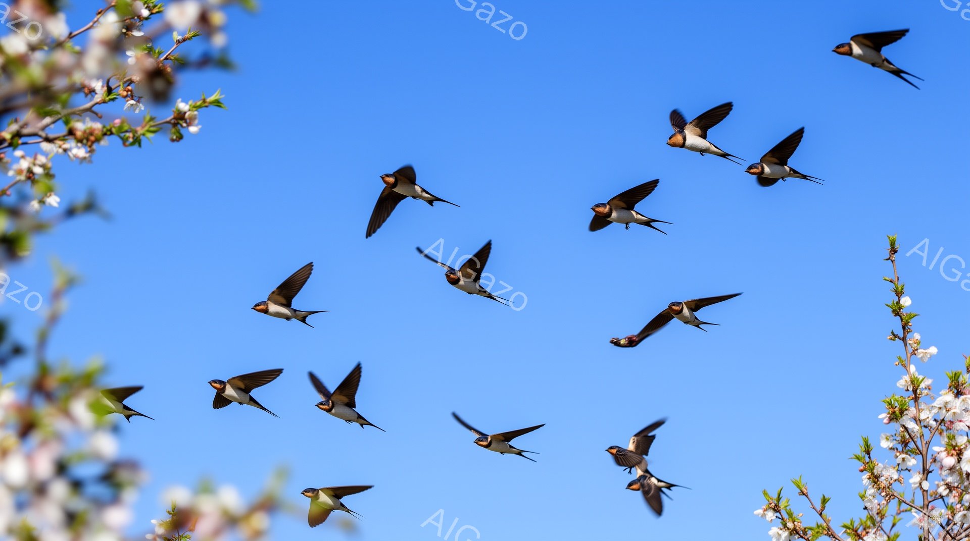 青い空をツバメたちが群れで舞っている様子が捉えられています。右側には桜の花枝が咲き誇り、春の訪れを感じさせる穏やかな雰囲気です。鳥たちの躍動感と桜の美しさが調和した、希望に満ちた一枚です。