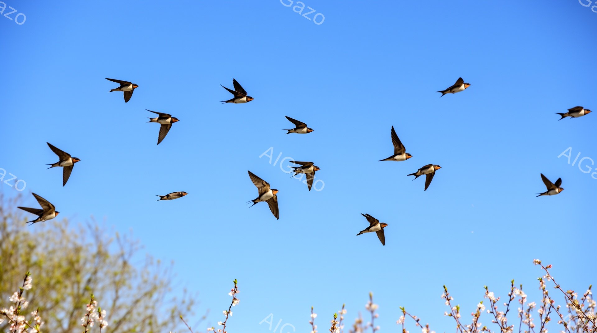 澄み切った青空を、ツバメたちが群れをなして飛び交っている。下には、桜の木が咲き誇り、春の訪れを告げている。生き生きとしたツバメの動きと、優しい桜の色彩が調和し、穏やかで希望に満ちた雰囲気を作り出している。