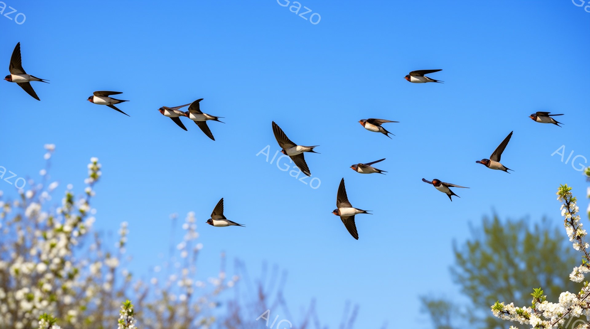 青い空をツバメたちが群れで飛んでいる様子が捉えられています。下には春の訪れを感じさせる白い花が咲き誇り、穏やかで希望に満ちた雰囲気です。鳥たちの躍動感と背景の美しい自然が調和した、爽やかな一枚です。