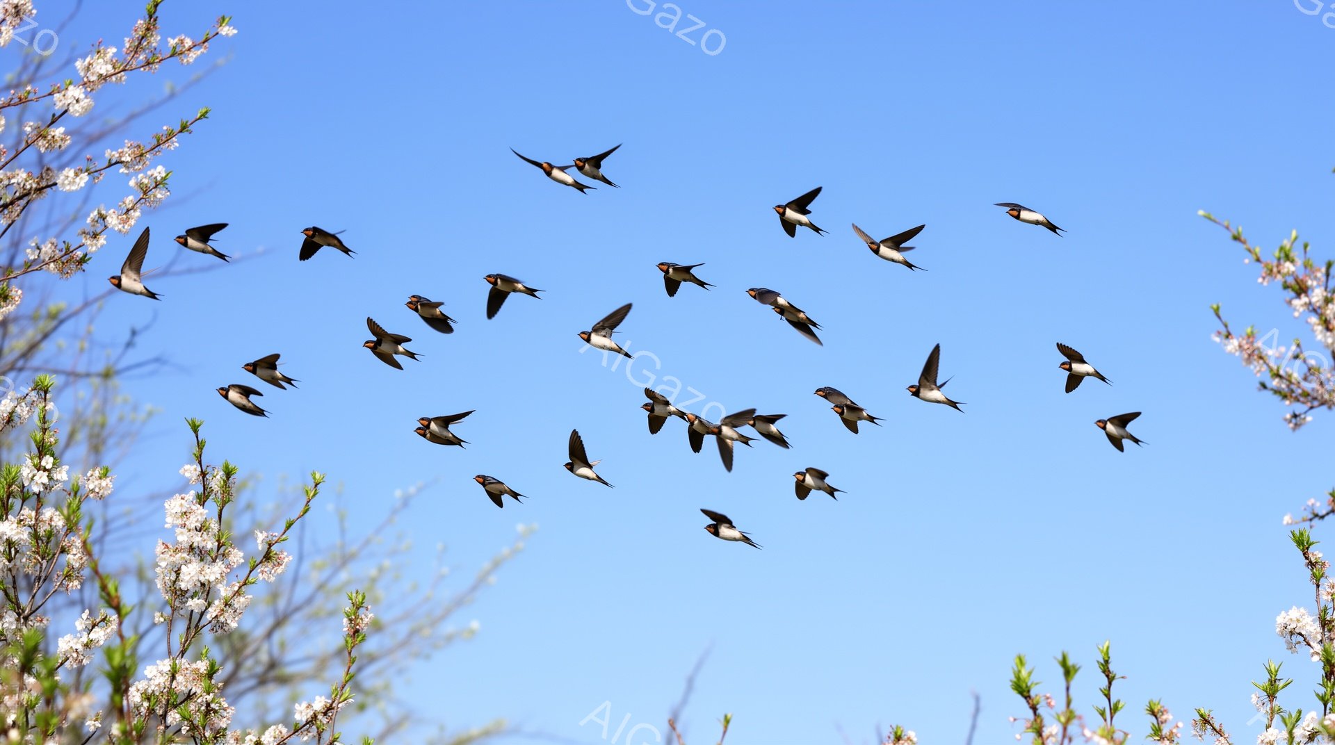 澄み切った青空を、多くのツバメがV字型に飛んでいる様子が捉えられています。左側には、淡いピンク色の桜の花が咲き誇り、春の訪れを感じさせます。暖かく穏やかな空気が伝わってくる、美しい光景です。