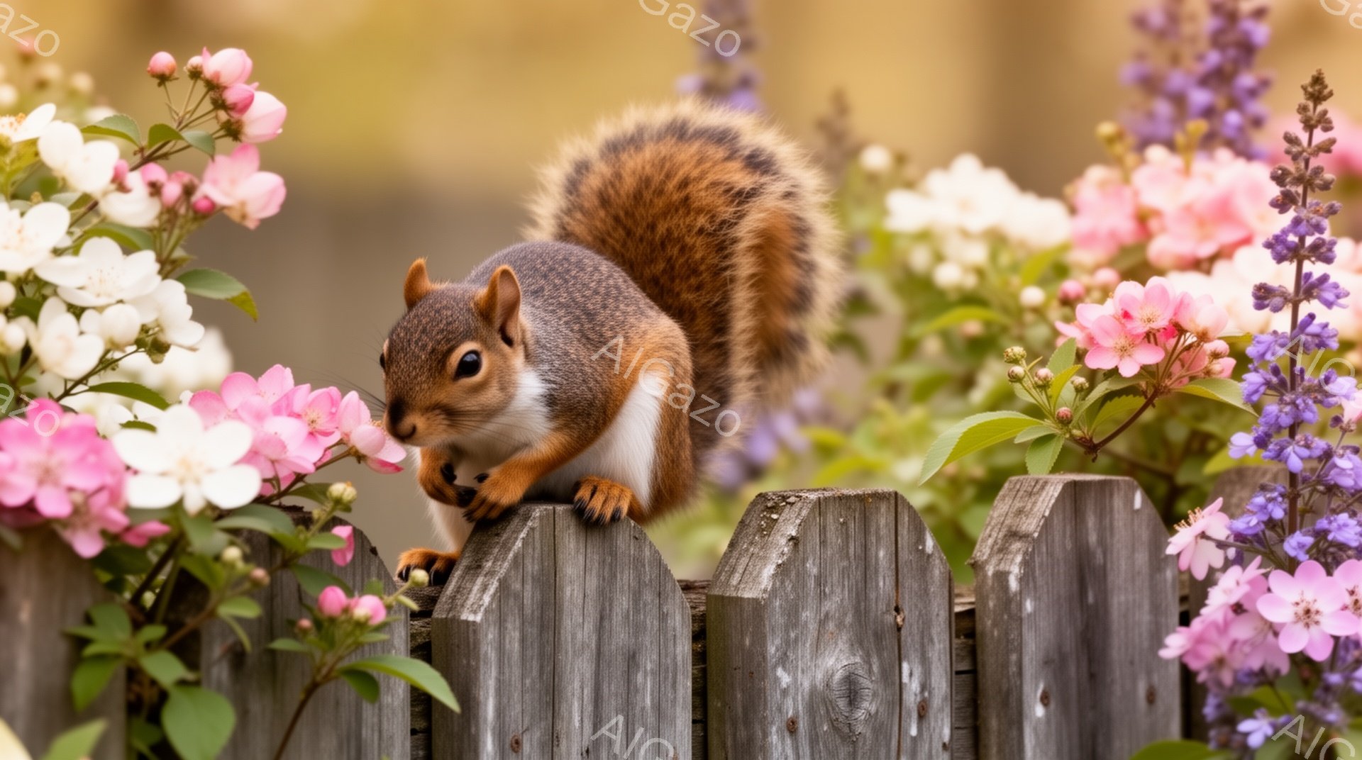 リスが古い木の柵の上で何かを食べています。周囲にはピンクと紫色の美しい花々が咲き乱れ、春の暖かな雰囲気を醸し出しています。太陽の光が優しく降り注ぎ、穏やかな情景が広がっています。 - AI生成フリー素材