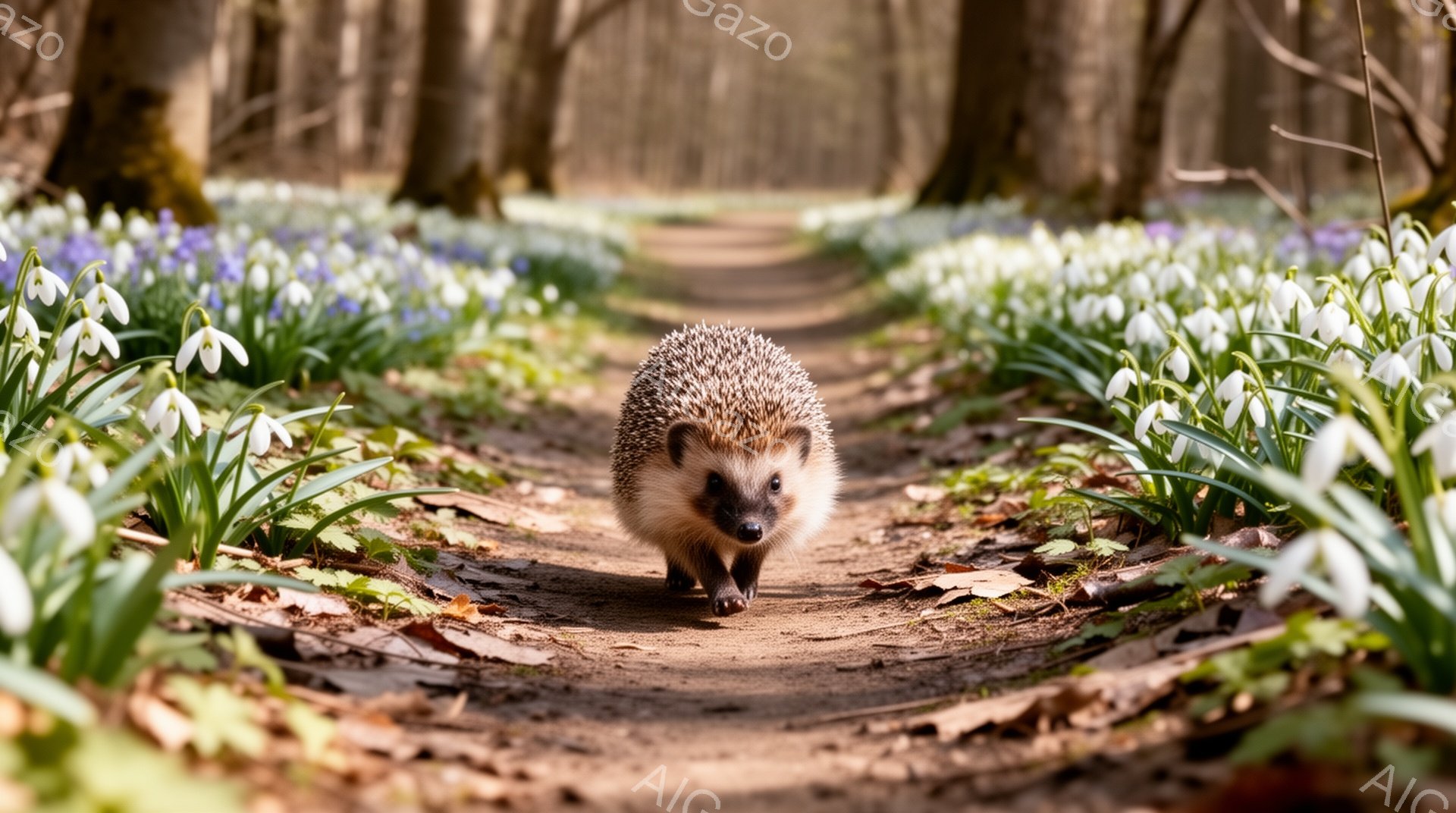 小さなハリネズミが春の森の小道を進んでいます。道は両側がスノードロップで覆われ、明るい日差しが差し込んでいます。可愛らしいハリネズミは興味津々で前を見つめています。 - AI生成フリー素材