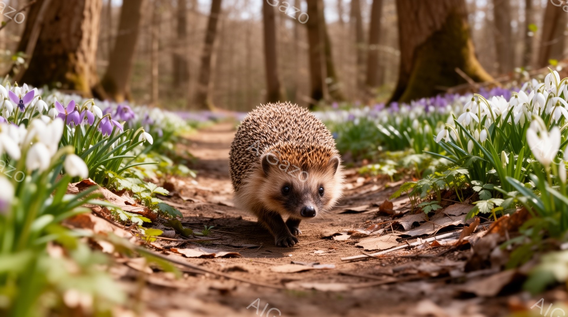 見事な紫色のクロッカスが咲き乱れる森の小道を、小さなハリネズミが歩いている。ハリネズミは前方に注目し、歩きながら周囲を注意深く観察しているようだ。春の暖かさと自然の美しさが感じられる穏やかな光景である - AI生成フリー素材