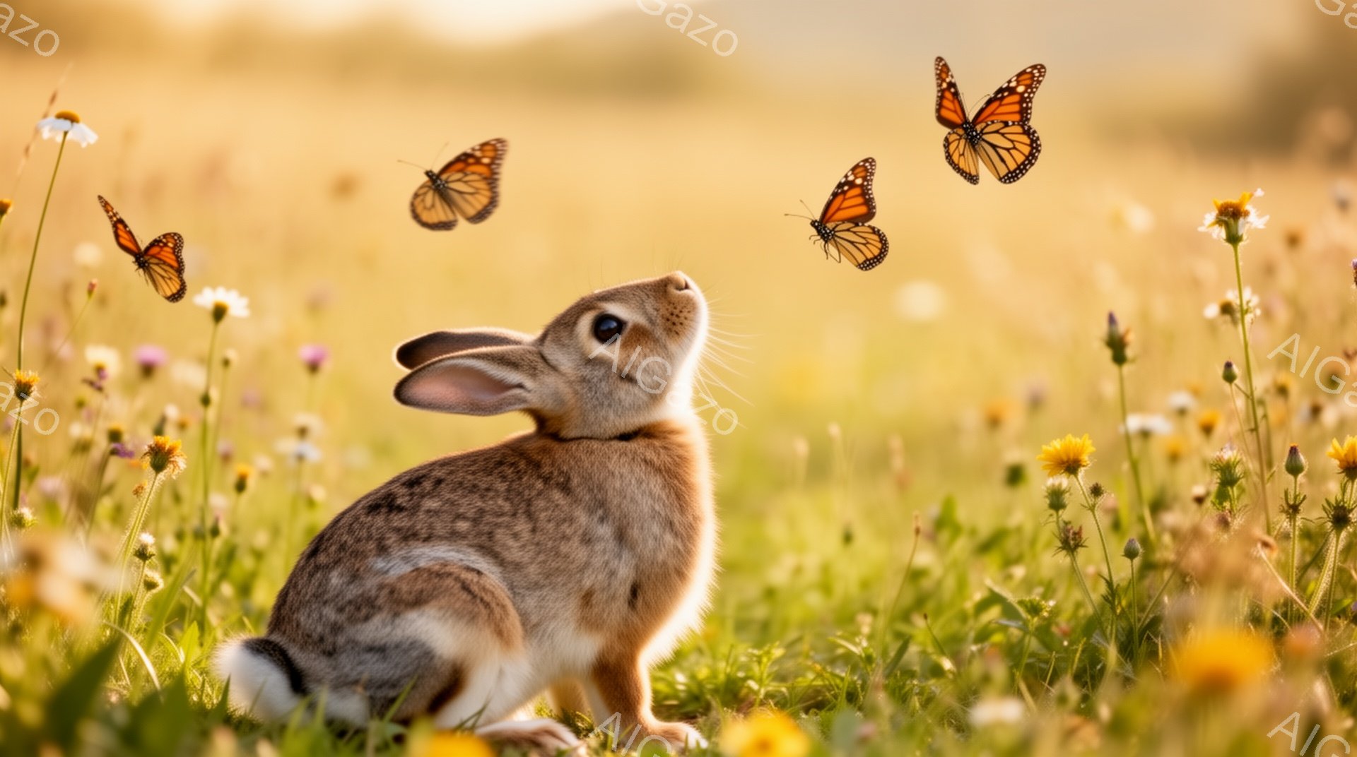 草原の中にいる可愛らしい茶色のウサギが、数匹のモンシロチョウを見上げています。周りには黄色や白の小さな花が咲き乱れ、穏やかな雰囲気の自然の風景です。夕暮れ時の柔らかい光が、ウサギと蝶を優しく照らしています。