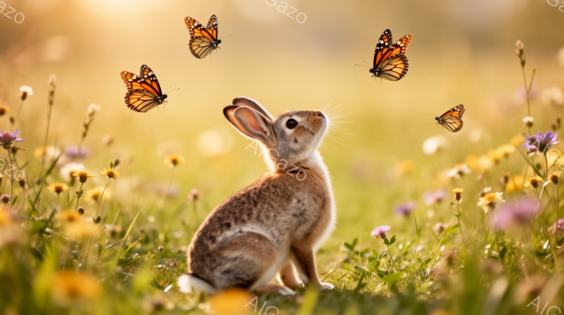 柔らかな日差しが差し込む草むらに、可愛らしい茶色のウサギが座っています。周りには黄色や紫の小さな花々が咲き乱れ、オレンジと黒のモンシロチョウが舞っています。牧歌的で穏やかな雰囲気が漂う、自然豊かな光景 - AI生成フリー素材