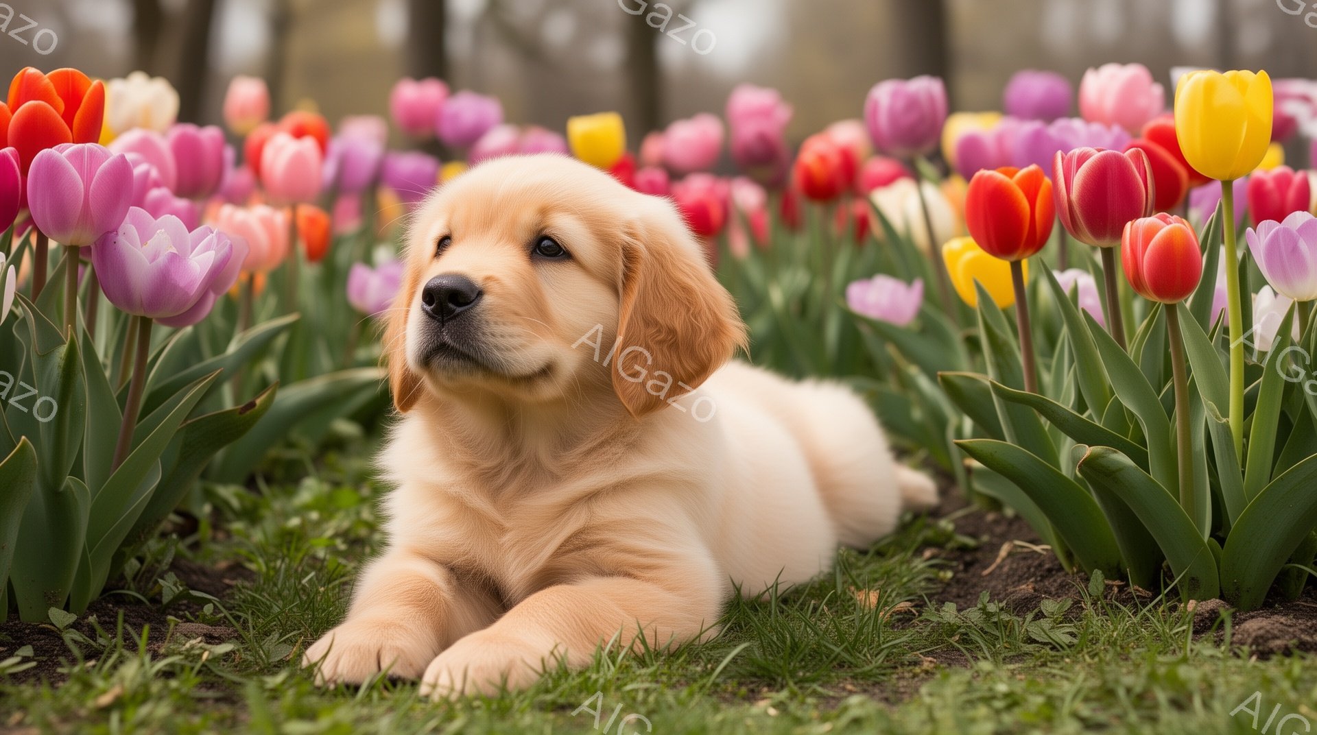 可愛らしいゴールデンレトリバーの子犬が、色とりどりのチューリップ畑の中でリラックスして横たわっています。子犬は少しカメラ目線で、穏やかな表情を浮かべており、春の暖かさを感じさせる穏やかな雰囲気です。背景には緑の草と、ぼやけた木々が見え、自然の中で安らぎを感じられる様子が表現されています。
