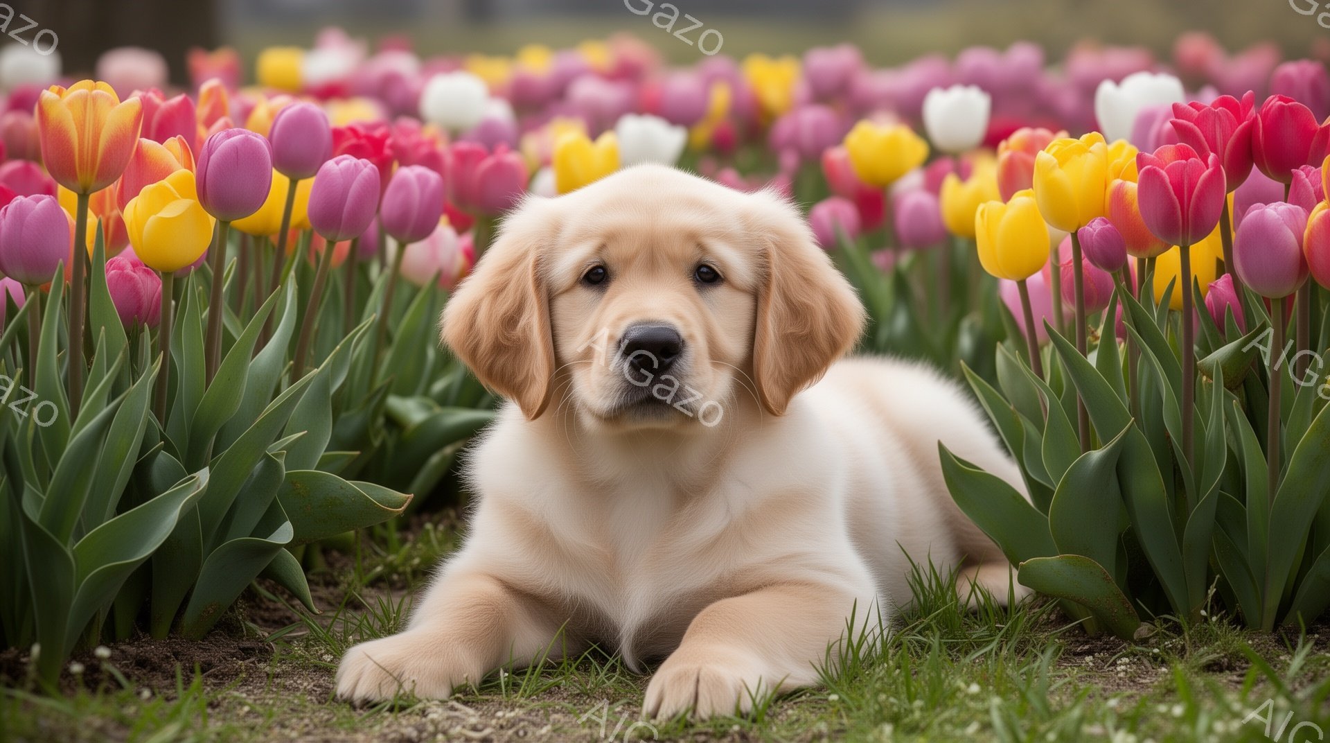 黄金色の毛並みを持つ子犬が、色とりどりのチューリップ畑の中で横たわっています。柔らかな光が降り注ぎ、春らしい穏やかな雰囲気を醸し出しています。子犬はリラックスした表情で、春の訪れを楽しんでいるようです - AI生成フリー素材