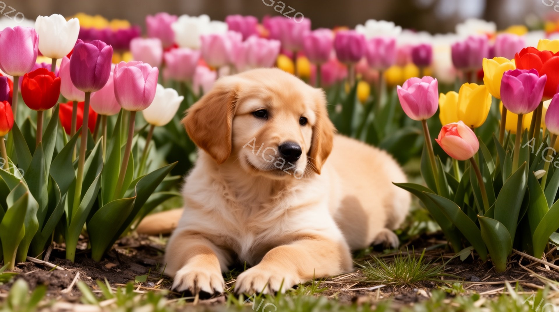 チューリップ畑で子犬が横たわっています。子犬は金色の毛並みで、リラックスした表情をしています。背景の花の色鮮やかさが、春の穏やかな雰囲気を醸し出しています。 - AI生成フリー素材