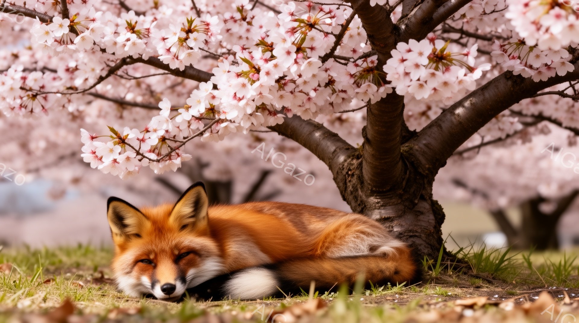 桜の木の根元で、オレンジ色の毛並みの狐が丸まって眠っている。柔らかな光が差し込み、春の穏やかな雰囲気が漂っている。背景には桜の花びらが舞い、幻想的な光景を作り出している。 - AI生成フリー素材