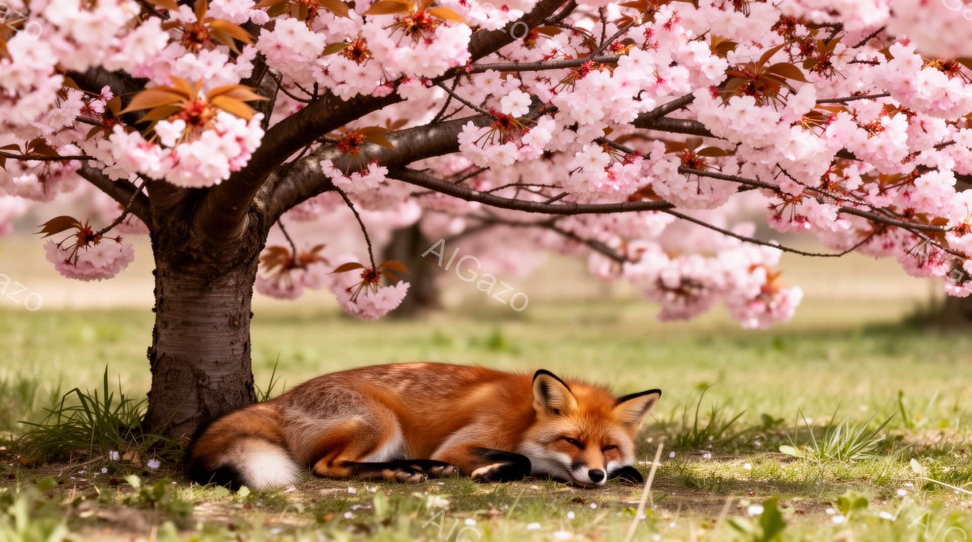 桜の木の下で、オレンジ色のキツネが丸くなって眠っています。周りにはピンク色の桜の花びらが散り、穏やかな春の日の雰囲気が漂っています。緑の草むらの中で、キツネは安らかに休息しているようです。 - AI生成フリー素材