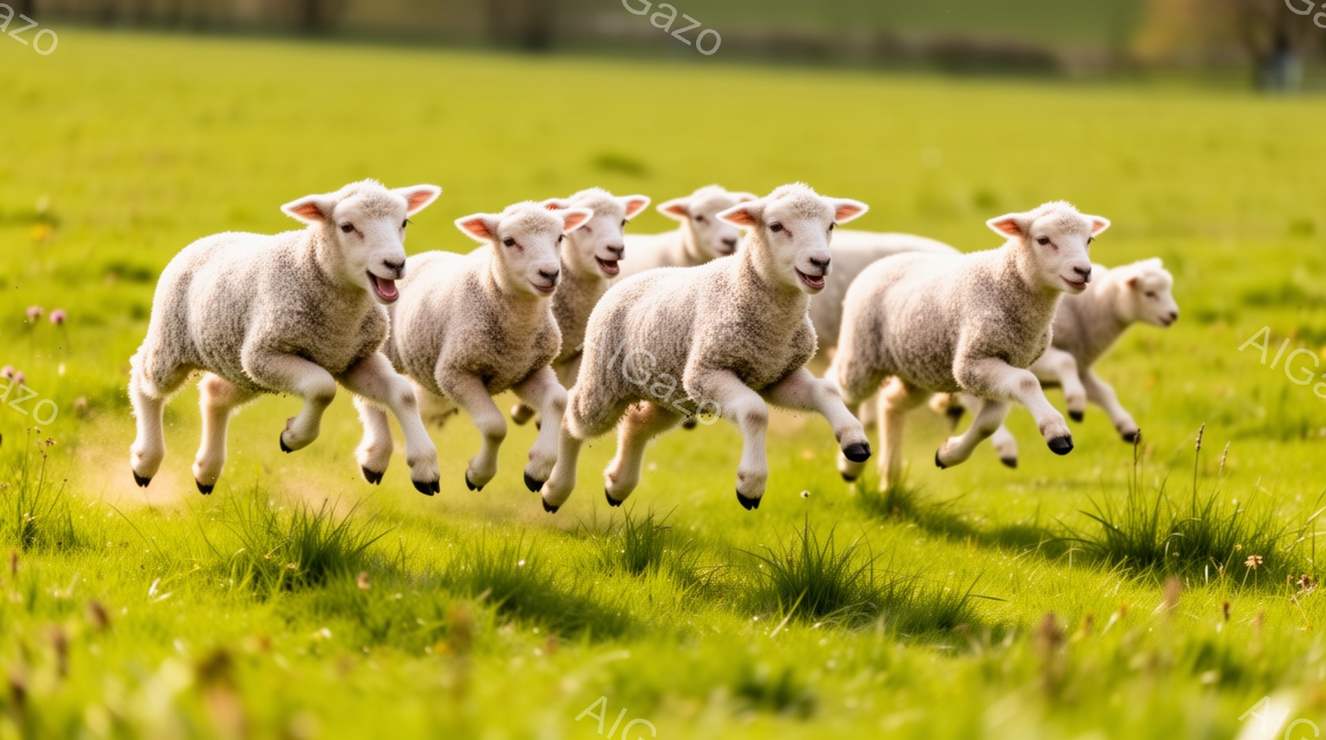 緑の牧草地に、子羊たちが楽しそうに駆けている。子羊たちはふわふわとした白い毛並みで、活気に満ちた表情をしている。背景には明るい緑の草が広がり、春の陽気な雰囲気を醸し出している。 - AI生成フリー素材