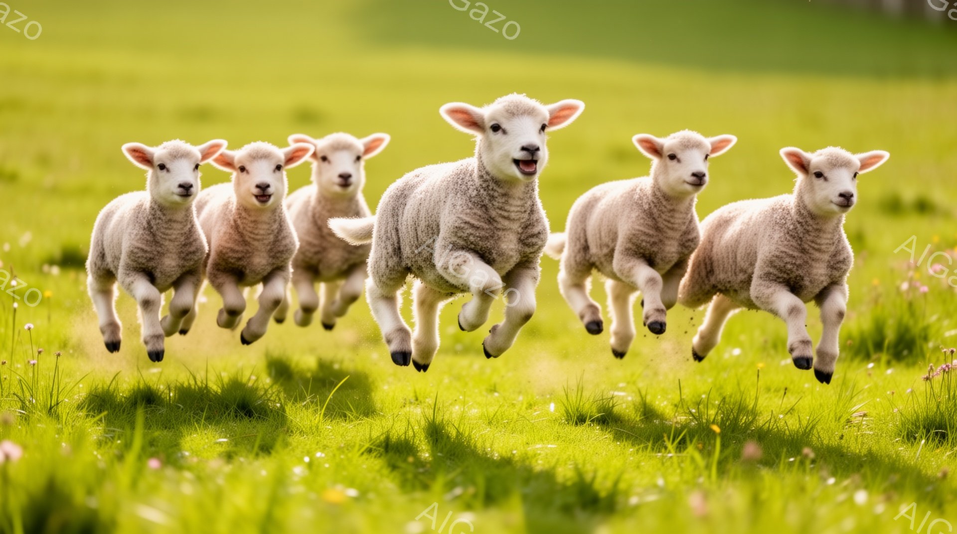 柔らかい緑の牧草地に、子羊たちが楽しそうに駆け抜けている。日差しが暖かく、春の穏やかな雰囲気が伝わってくる。子羊たちは皆、こちらを見て笑顔を見せており、可愛らしい。 - AI生成フリー素材