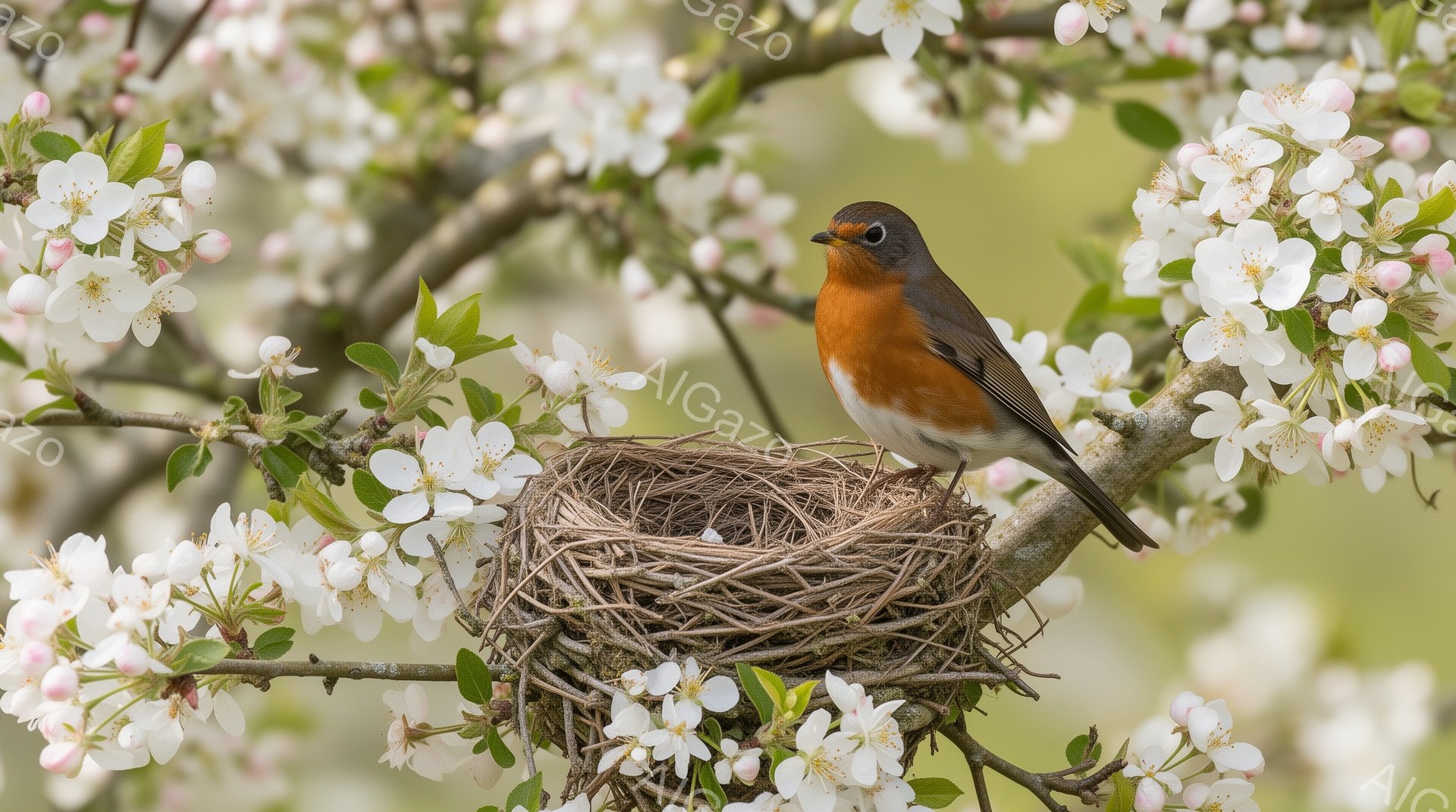 白い花が咲き誇る木の枝に、赤色の胸を持つ鳥が巣に腰掛けている。鳥は少しこちらを見ているようで、穏やかな表情を浮かべている。背景は花で覆われ、春の暖かく柔らかな光が感じられる。
