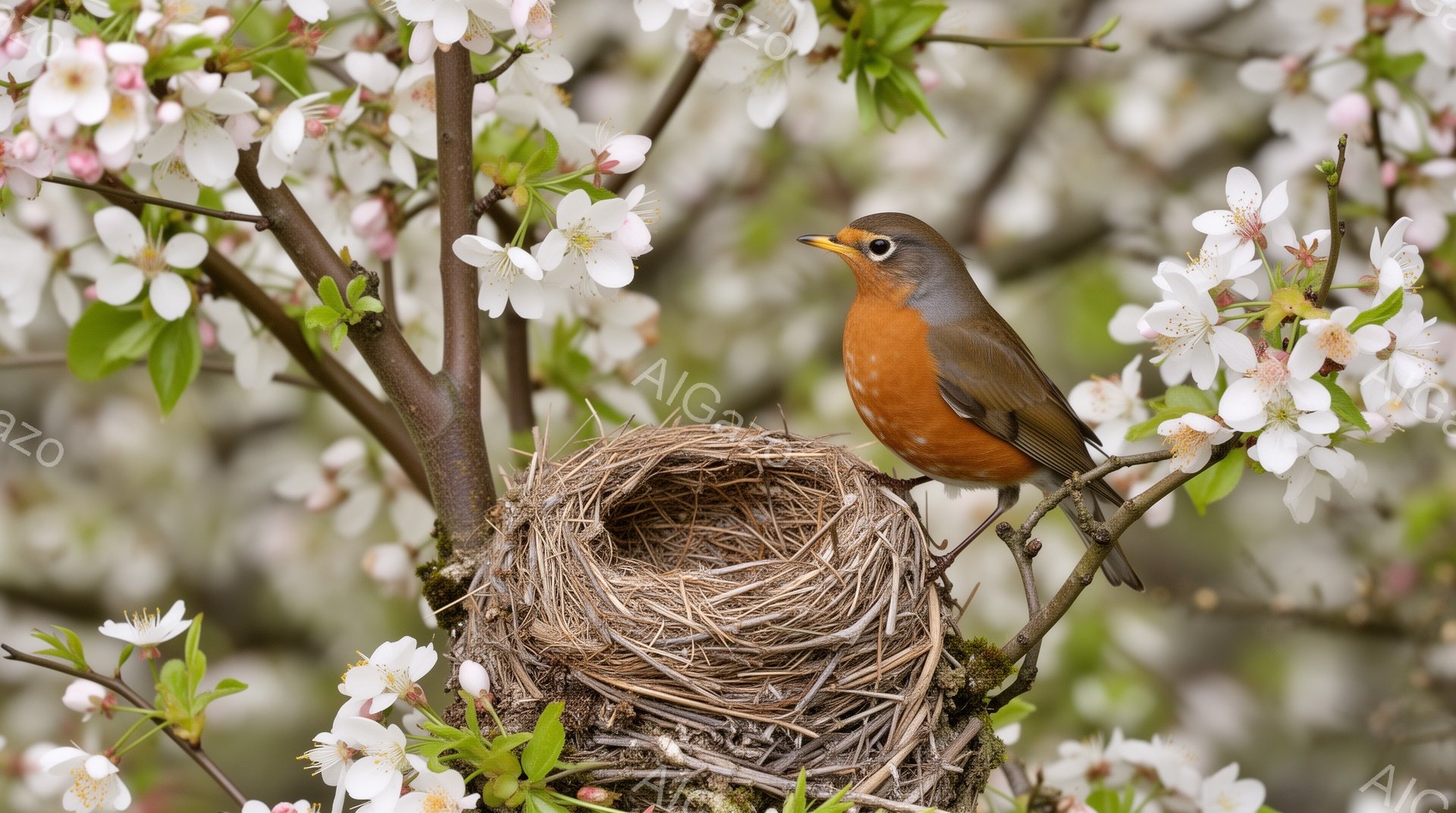 桜の木の枝に巣を作る鳥が描かれています。鳥は赤茶色の胸元と黒い背中を持ち、巣の端に止まっています。背景にはピンク色の桜の花が咲き乱れ、春の穏やかな雰囲気を演出しています。