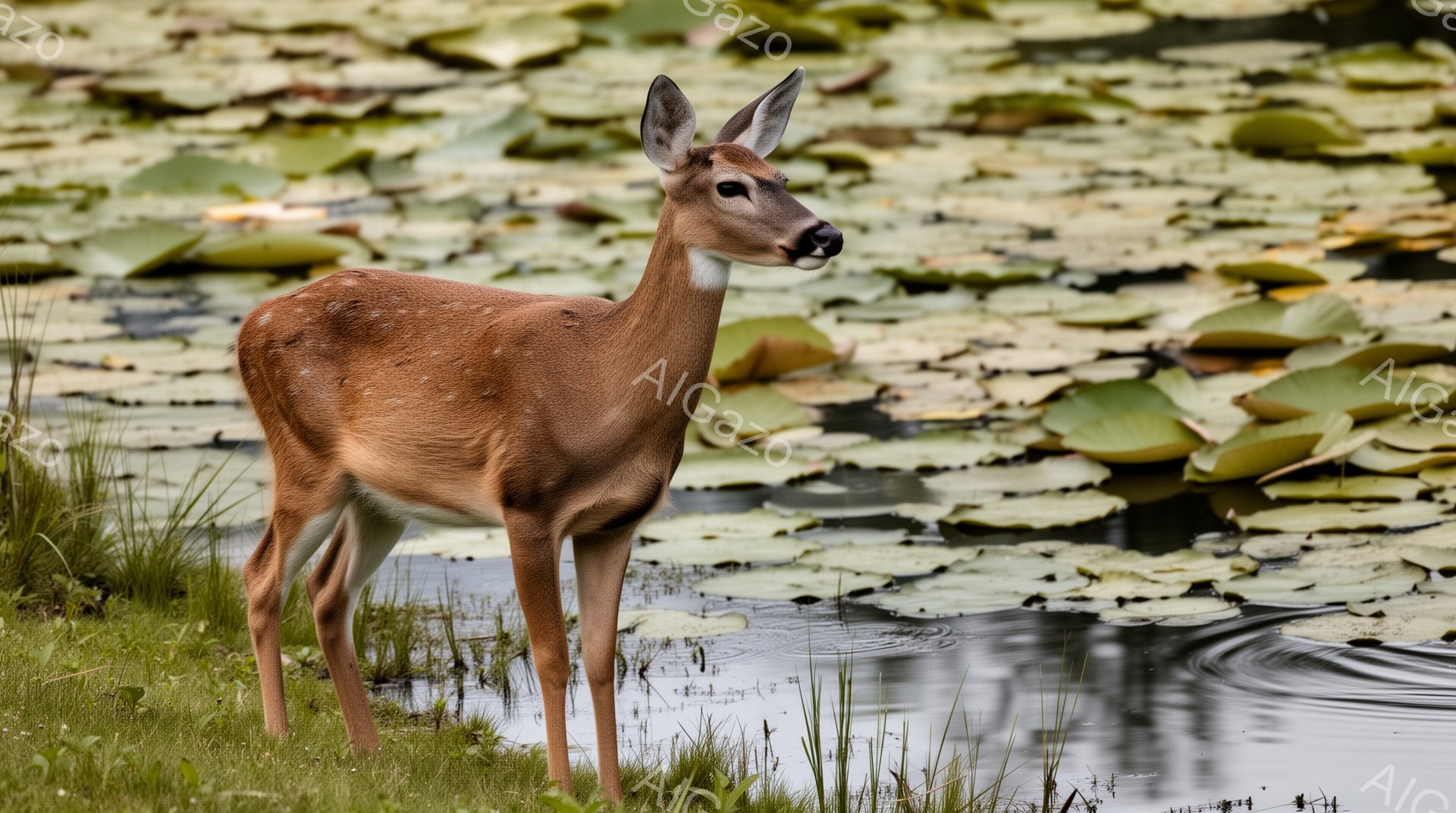 湿地の中にいる若いシカが写っています。シカは草むらの中に立っており、前足は水の中に浸かっています。背景には緑色の睡蓮の葉が広がっており、水面にシカの姿が反射しています。 - AI生成フリー素材