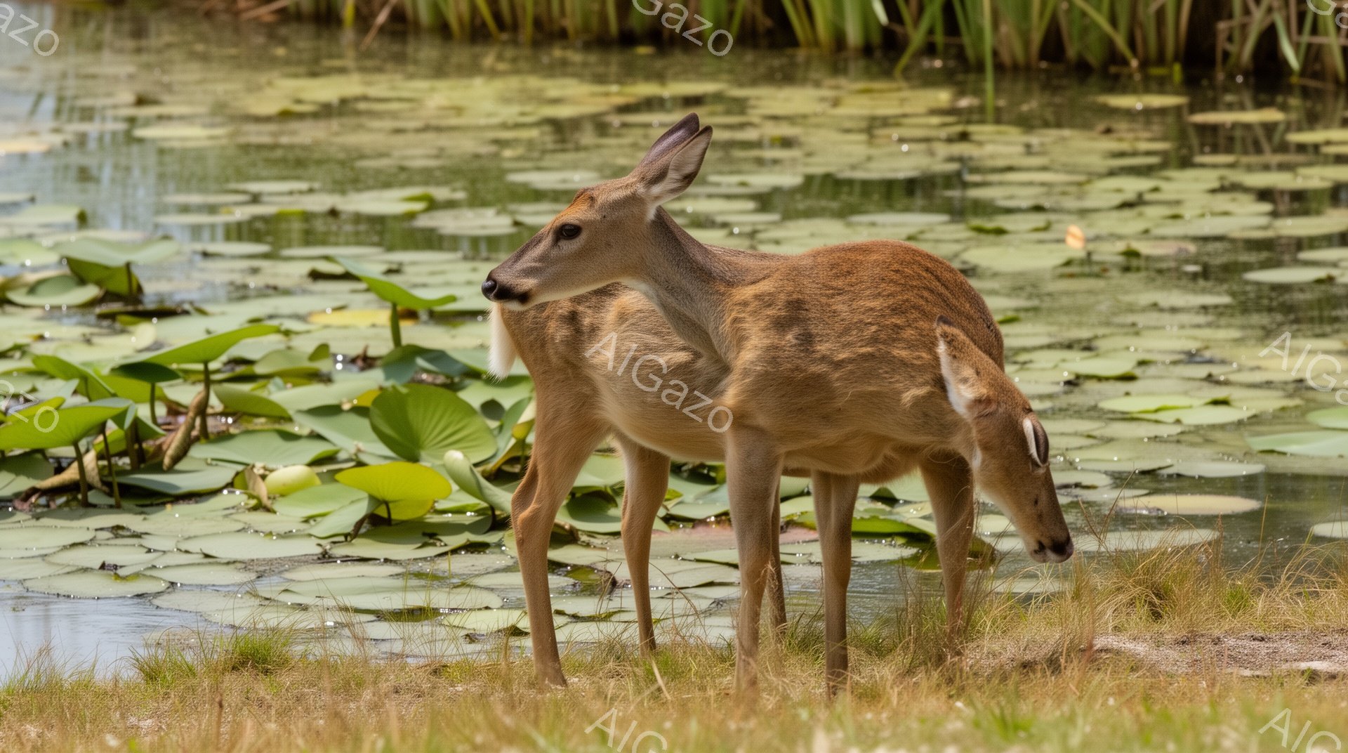 広々とした池の縁で、2頭の子鹿が水草を食べている。周囲は緑豊かな草地で、水面にはスイレンが浮かび、穏やかな雰囲気が漂っている。柔らかな光が子鹿たちを照らし、自然の美しさを際立たせている。