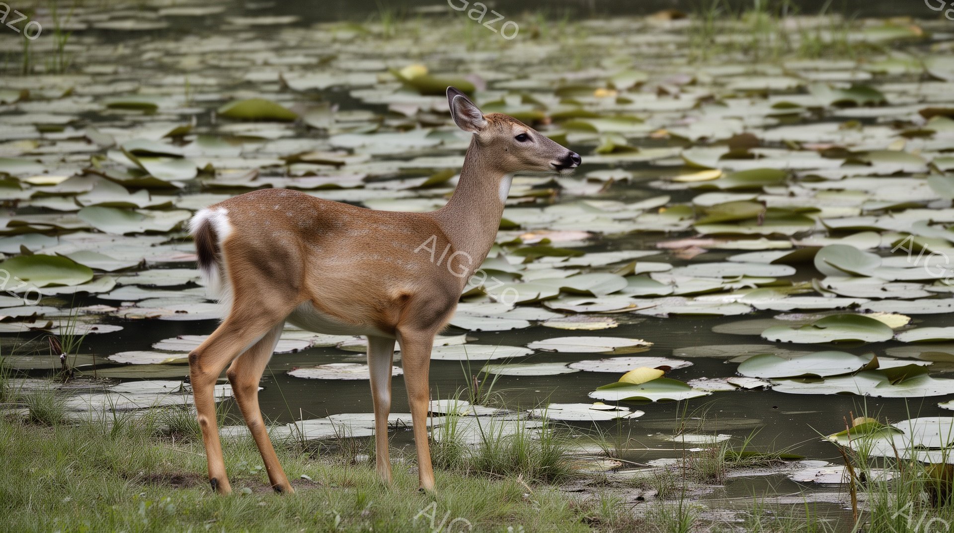 緑豊かな背景に、若いシカが立っている。シカは茶色の毛並みで、白い尾が特徴的だ。周りには睡蓮が浮かび、静かで穏やかな雰囲気を醸し出している。 - AI生成フリー素材