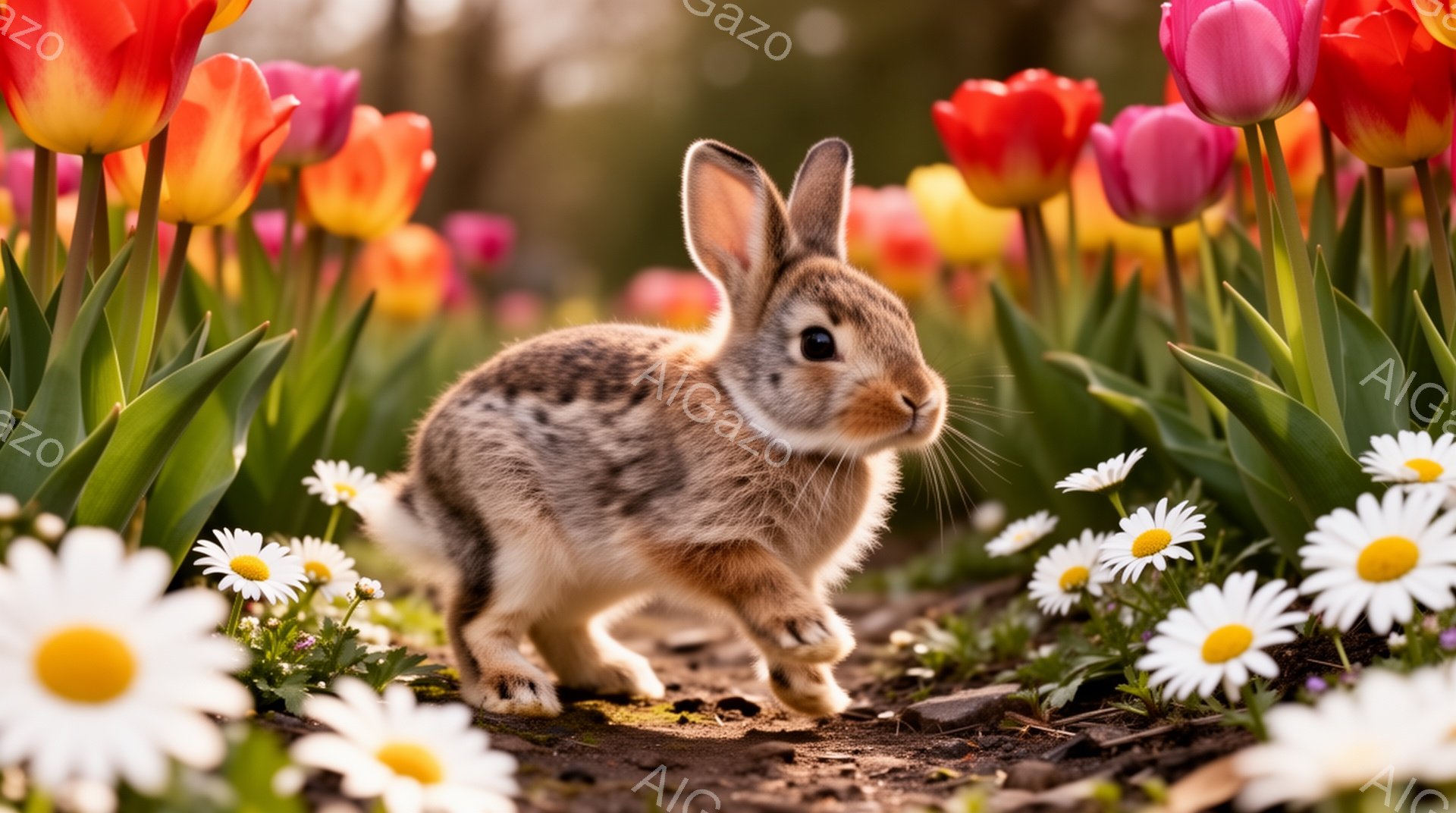 可愛らしい子ウサギが、色とりどりのチューリップとデイジーの中に立っている。日差しが暖かく、春の穏やかな雰囲気を感じさせる。ウサギは好奇心旺盛な表情で、何かを見つめているようだ。 - AI生成フリー素材