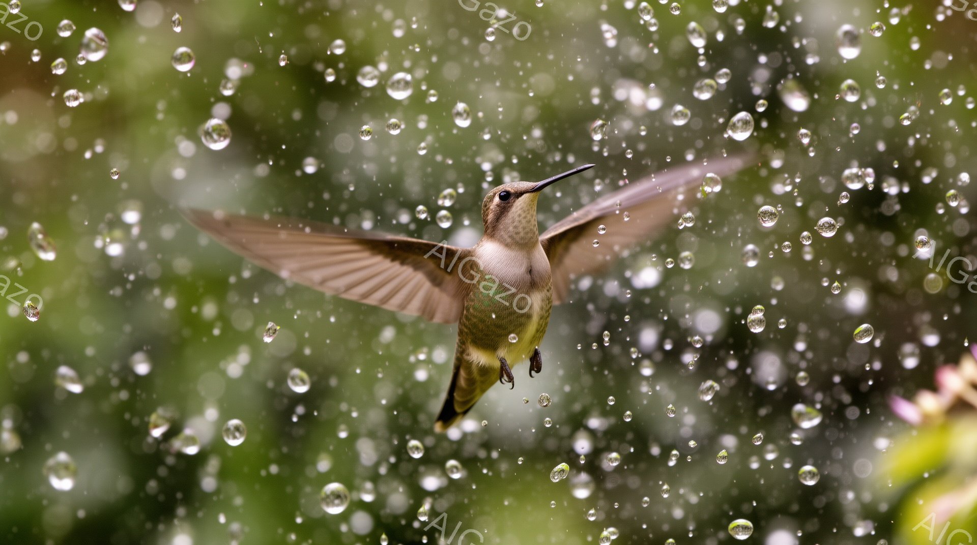 鮮やかな緑の背景を背景に、ハチドリが翼を広げて飛んでいる。雨粒のような水滴が降り注ぎ、ハチドリの周りに幻想的な雰囲気を作り出している。ハチドリの鮮やかな色彩と水滴のコントラストが印象的だ。 - AI生成フリー素材