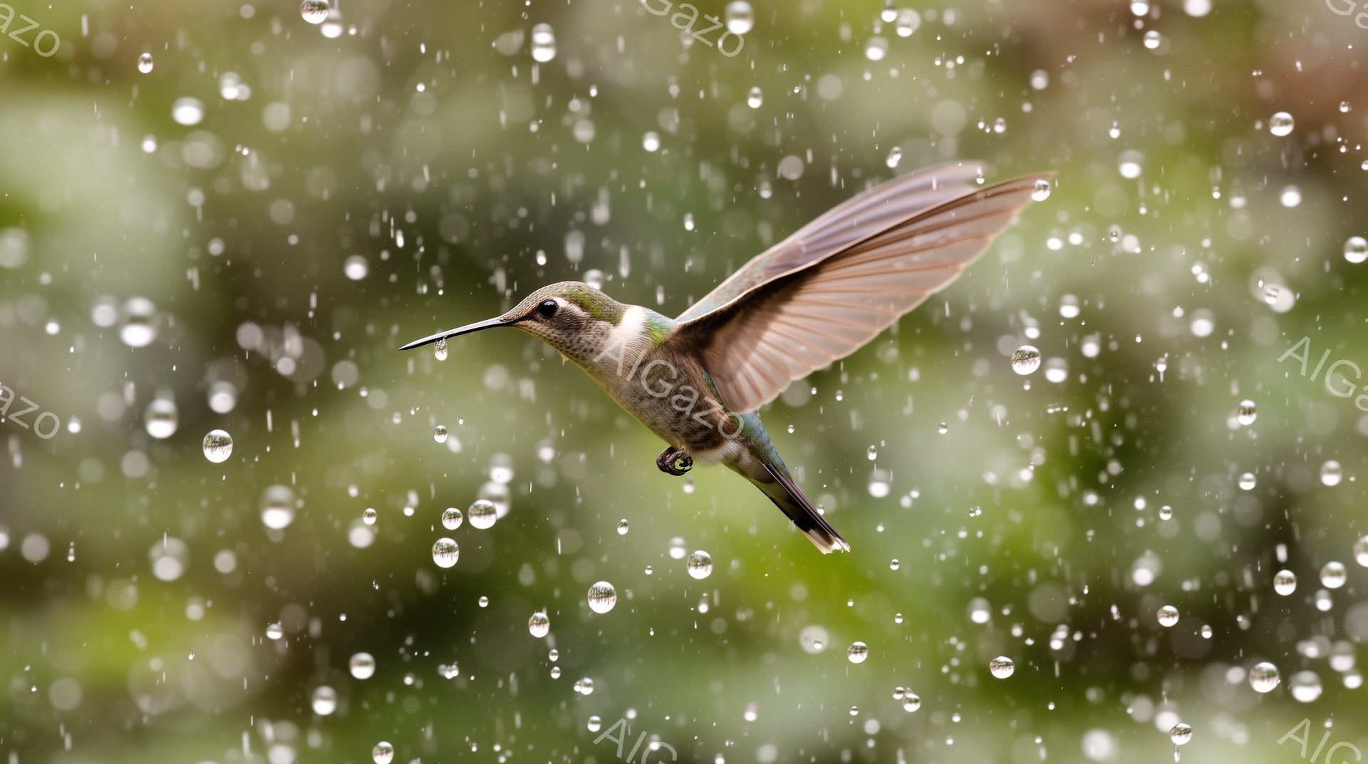 アサギマダラが雨粒の中で翼を広げ、凍りつくような動きの中で撮影されている。背景はぼやけた緑で、雨の滴が画面全体に散りばめられている。雨に濡れたこの瞬間は、自然の美しさと活力を見事に捉えている。 - AI生成フリー素材